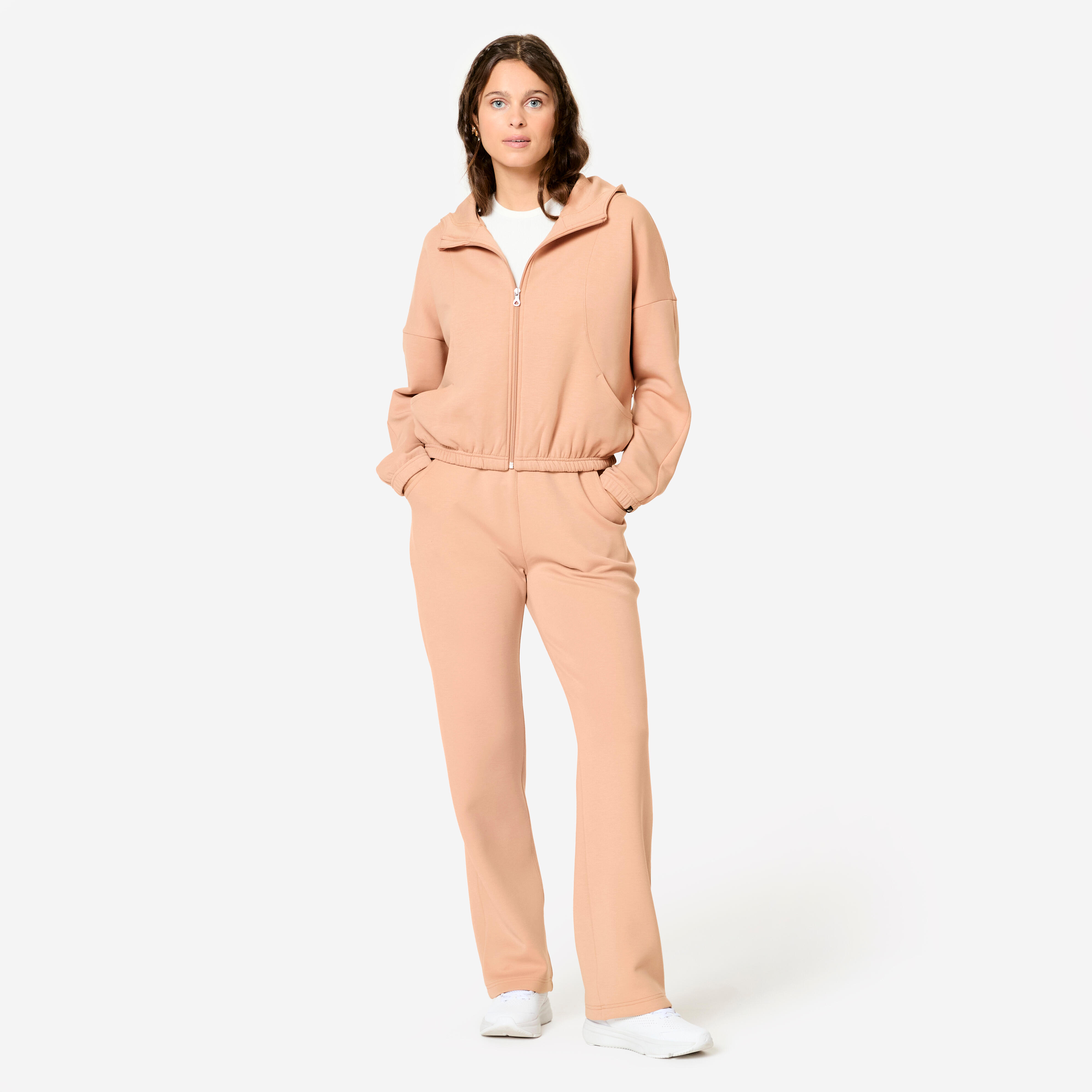 Women's Long-Sleeved Fitness Hooded Jacket - Beige