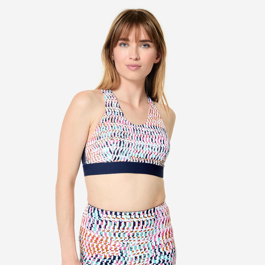 Women's Medium Support Racer Back Sports Bra with Cups - Multicolour Print