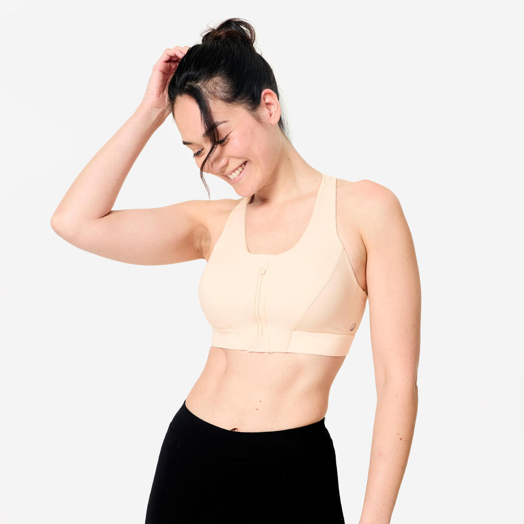 Women's Medium Support Ribbed Zip-Up Sports Bra - Beige