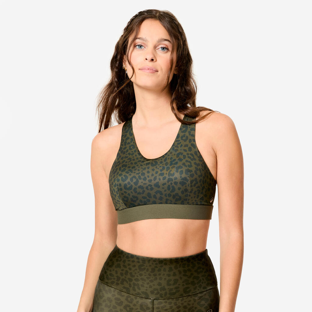 Women's Medium Support Racer Back Sports Bra with Cups - Leopard/Khaki