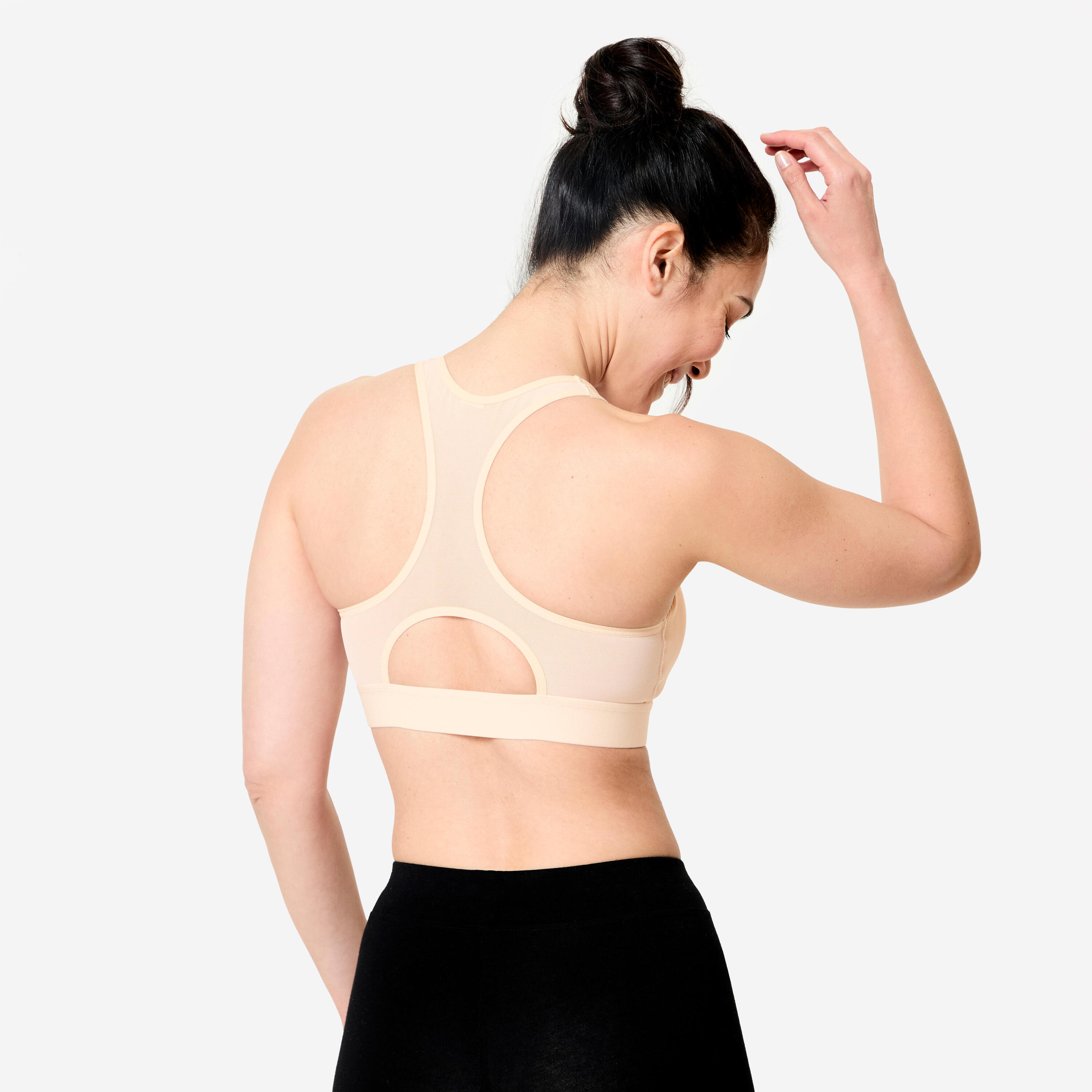 Brassiere de fitness de sujeción media acanalado con cierre beige para mujer 11/15