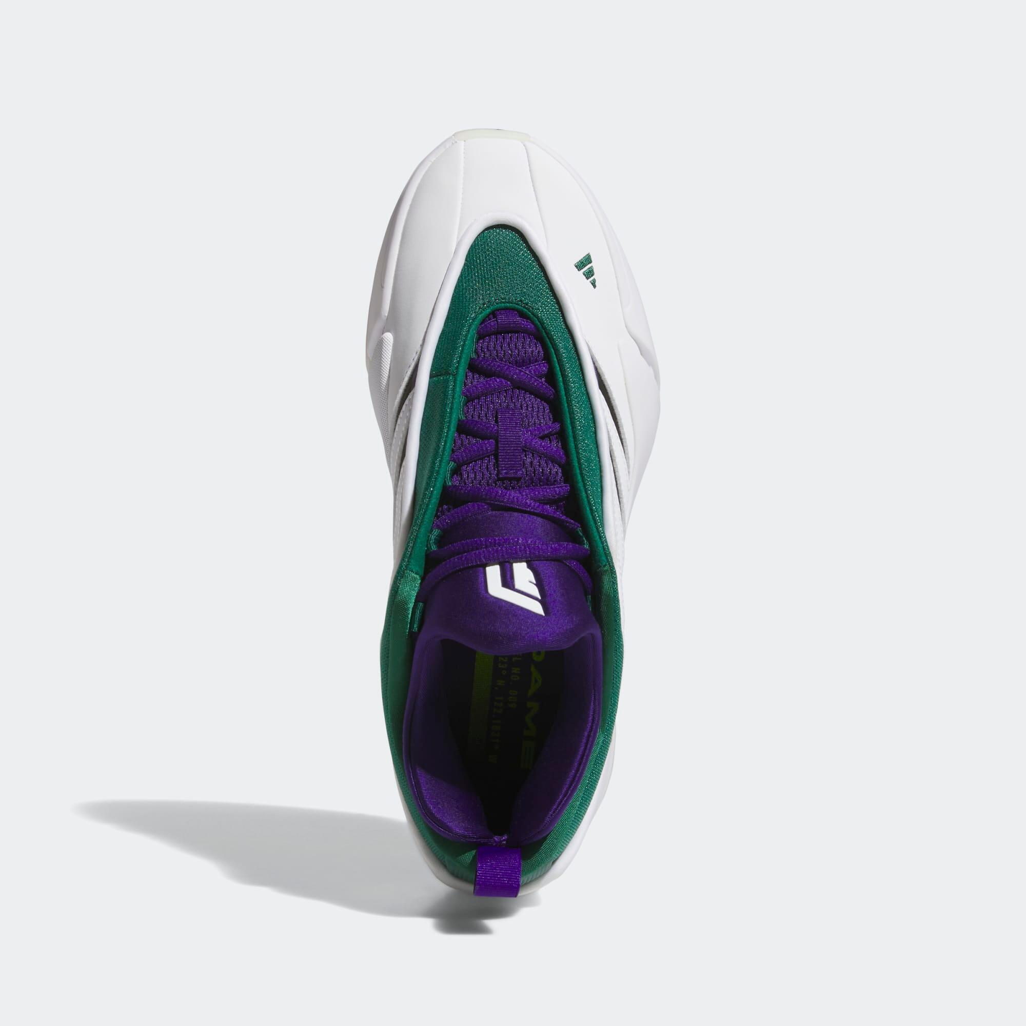 Sapatilhas de Basquetebol Adulto - Adidas Dame 9 Branco, Roxo e Verde 4/8