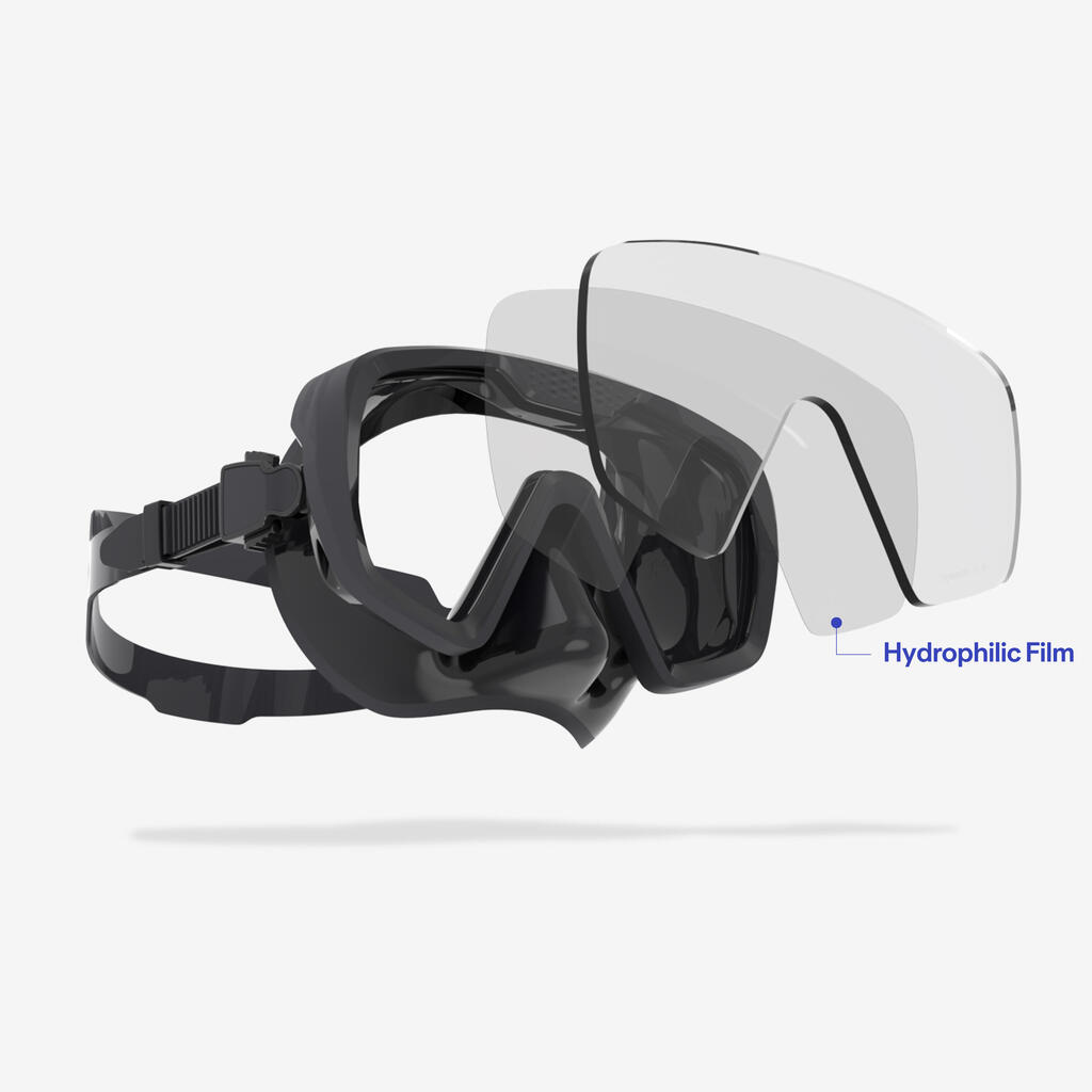 Masque de plongée anti buée - 100 Mono sangle silicone Noir Gris