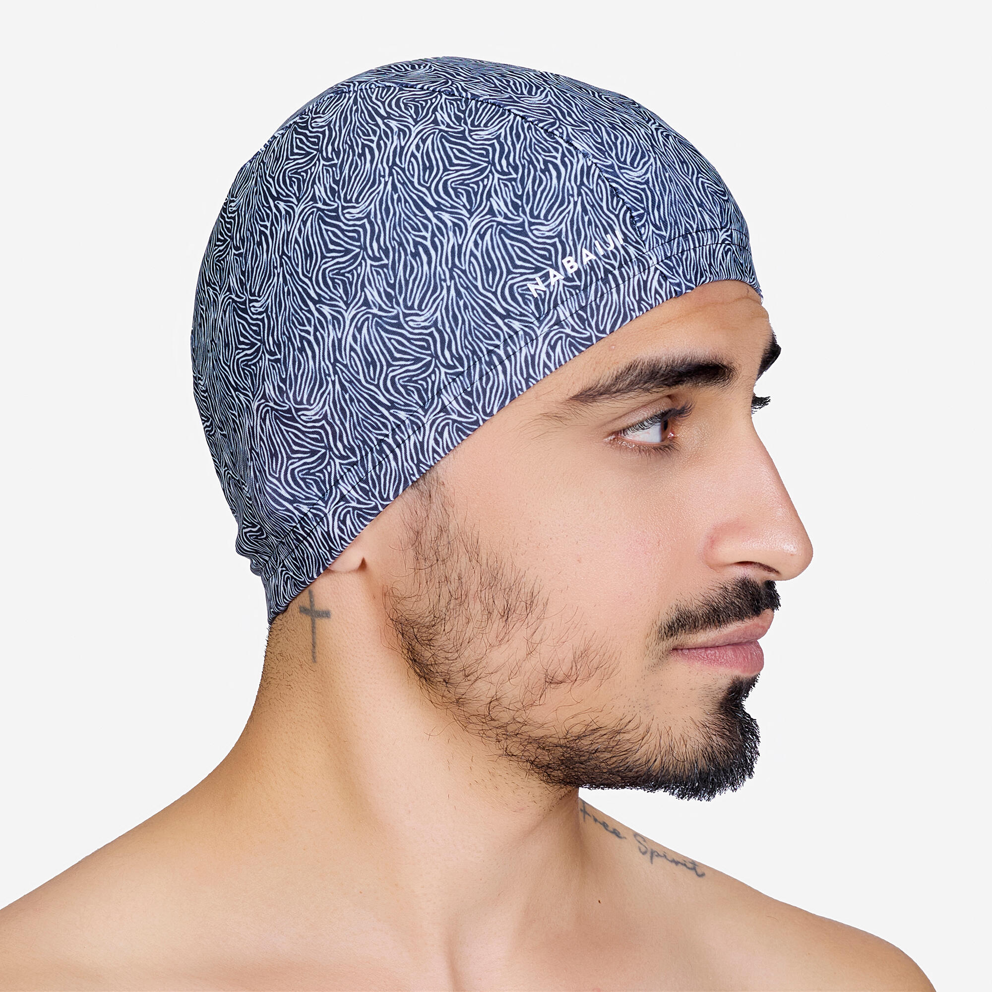 Adult Swimming Cap Mesh Printed Fabric Zebra White Black