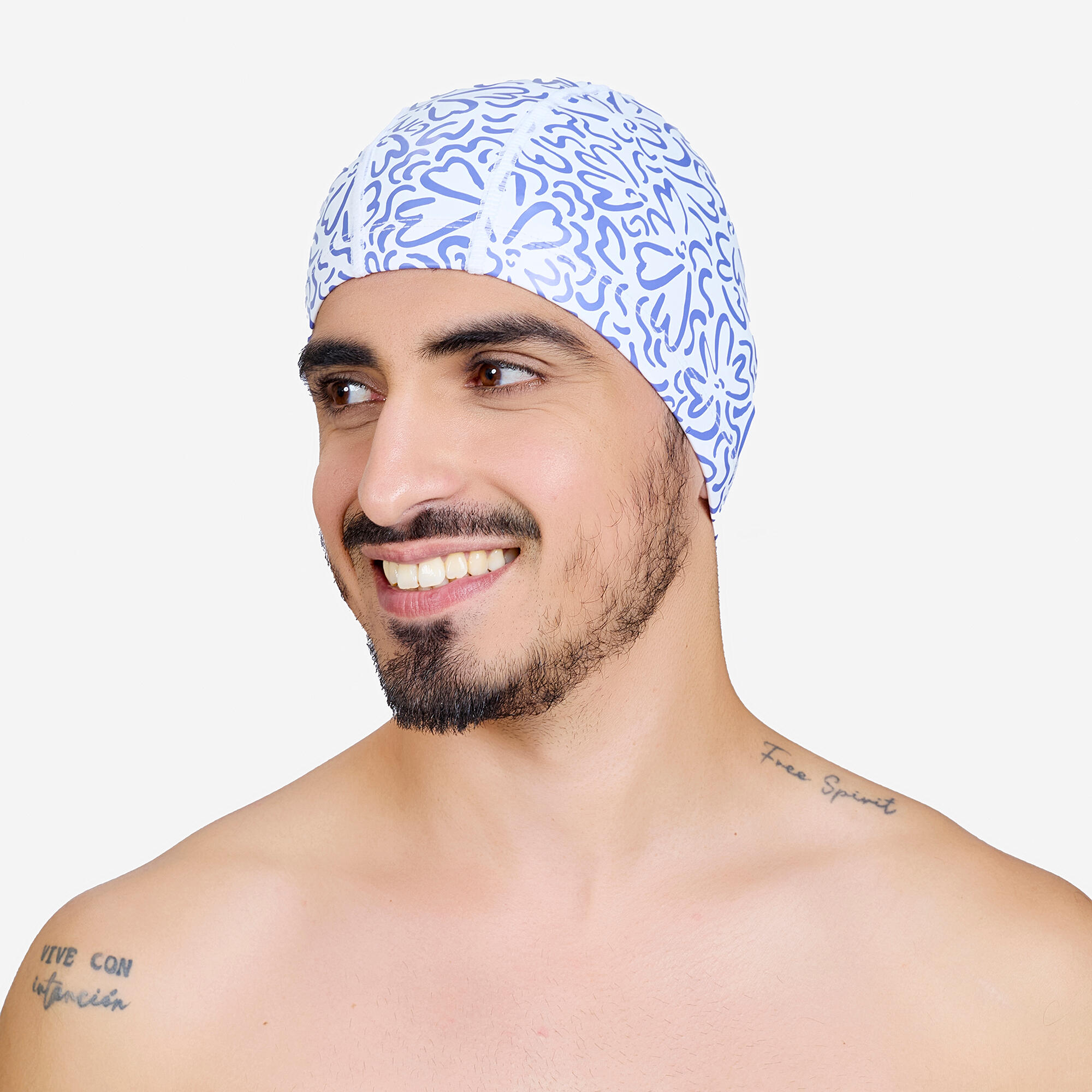 Coated Mesh Swim Cap Printed Fabric Size M Ondu White Blue