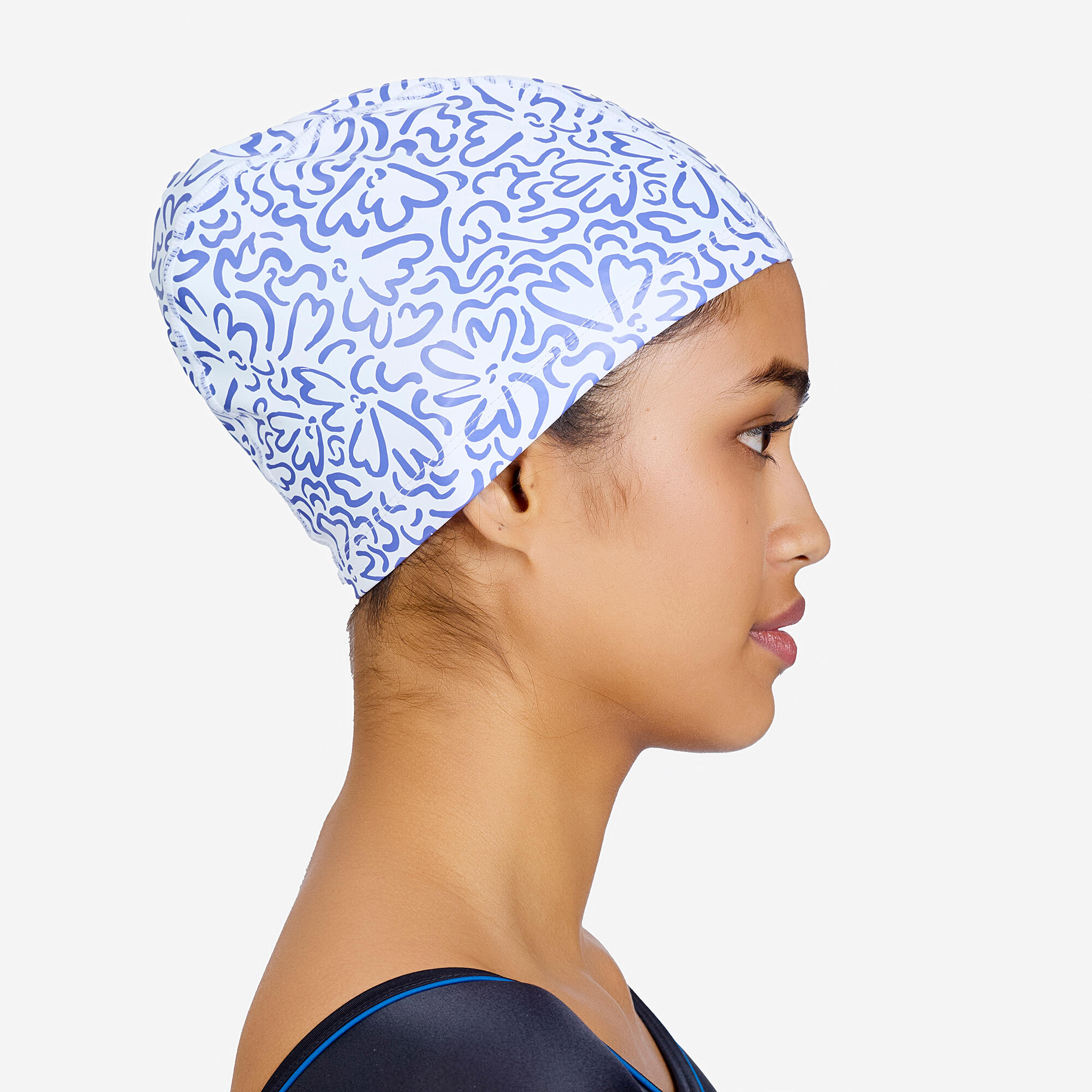 Coated Mesh Swim Cap Printed Fabric Size M Ondu White Blue