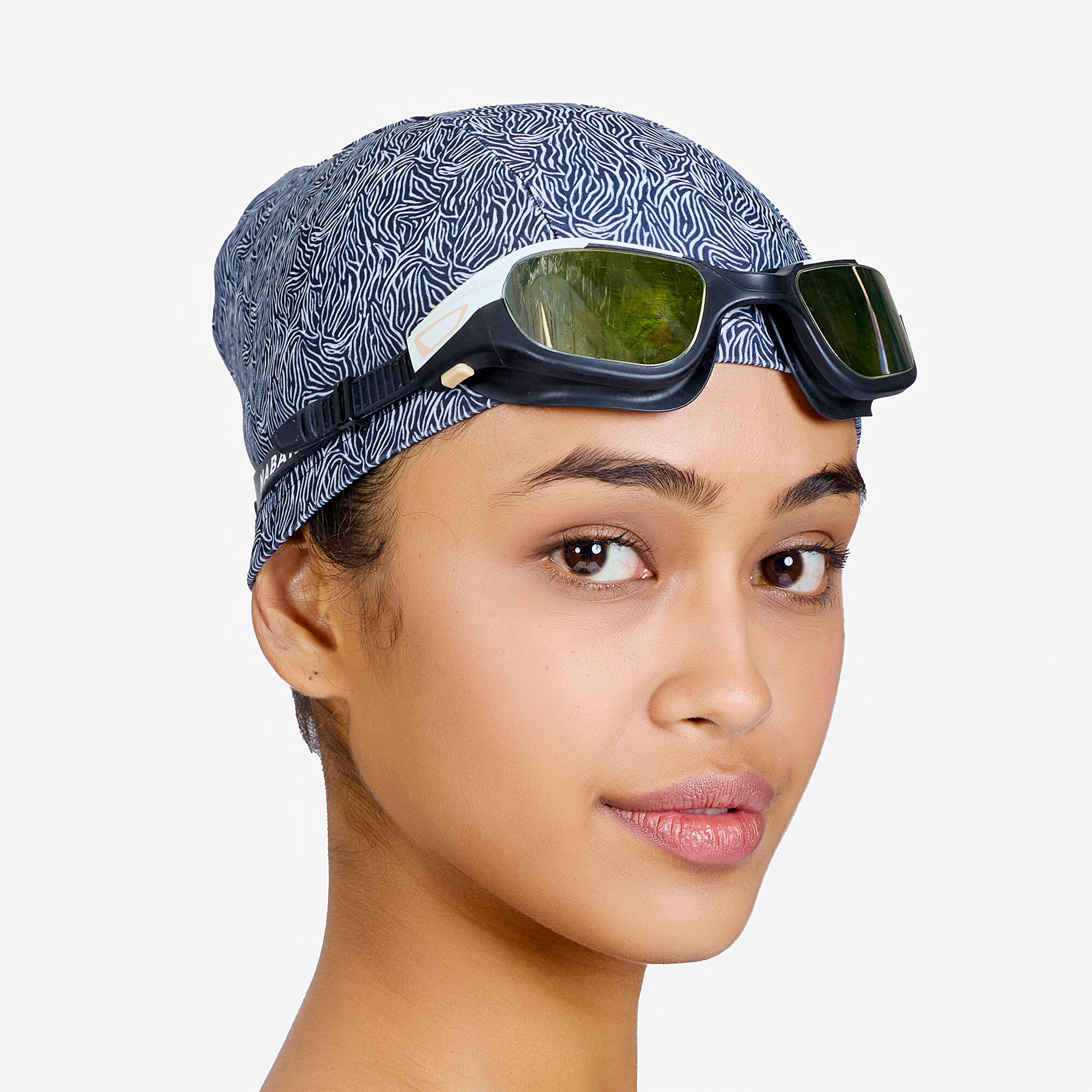 Adult Swimming Cap Mesh Printed Fabric Zebra White Black