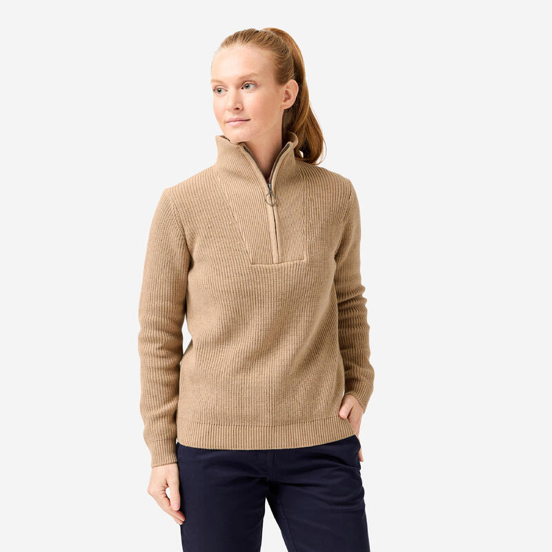 Pull golf zippé femme, MW500 beige