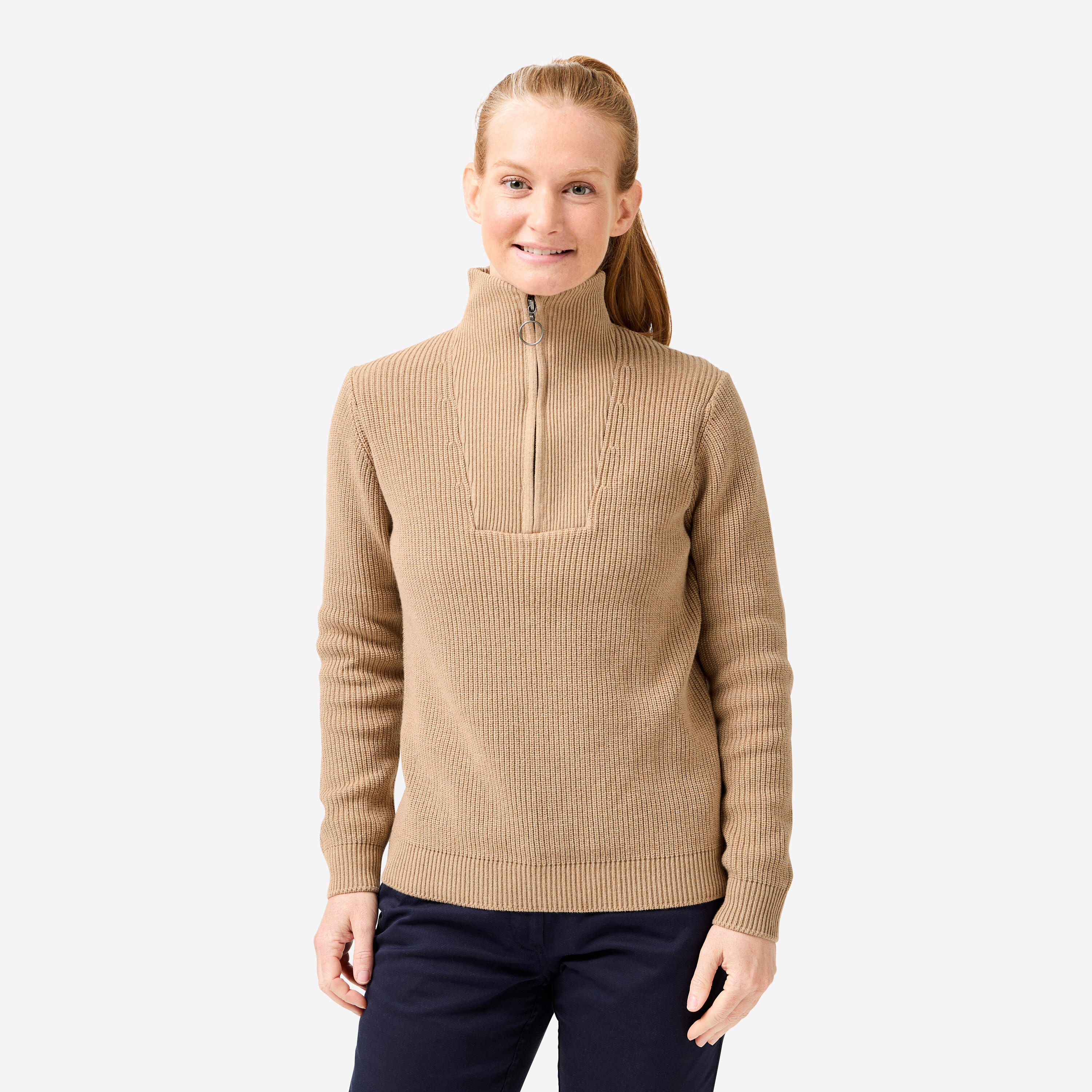 Pull golf zippé femme, MW500 beige 7/10