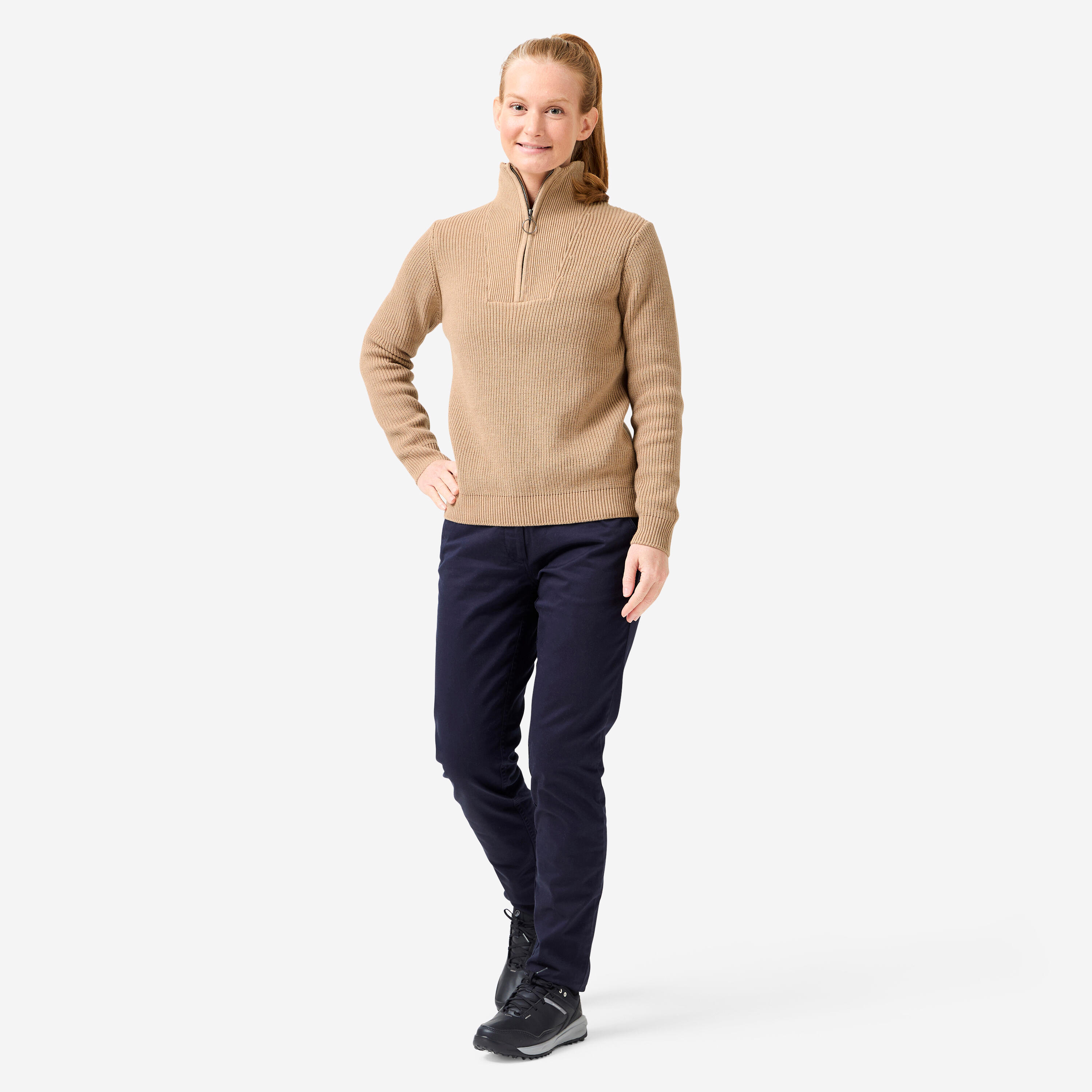 Pull golf zippé femme, MW500 beige INESIS Decathlon