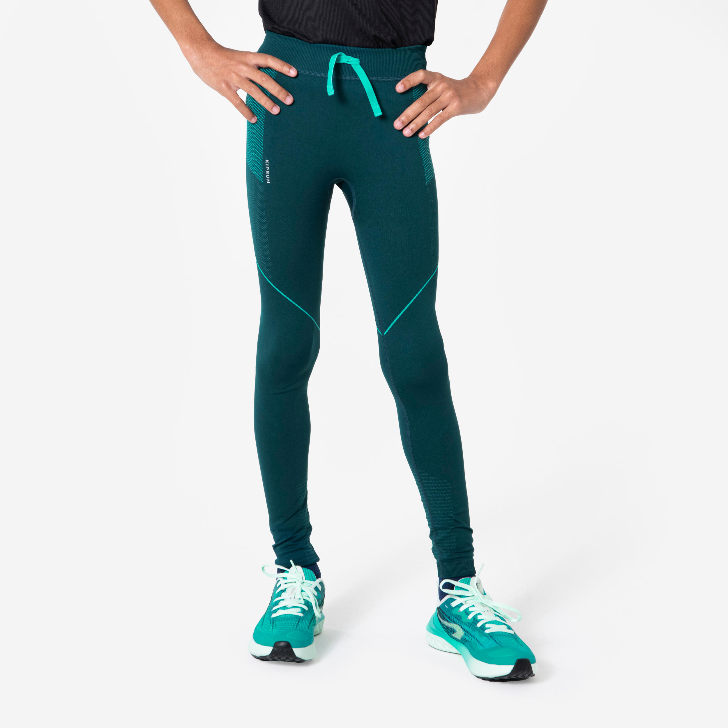 KIPRUN Lauftights lang Kinder nahtlos - Care 500 dunkelgrün