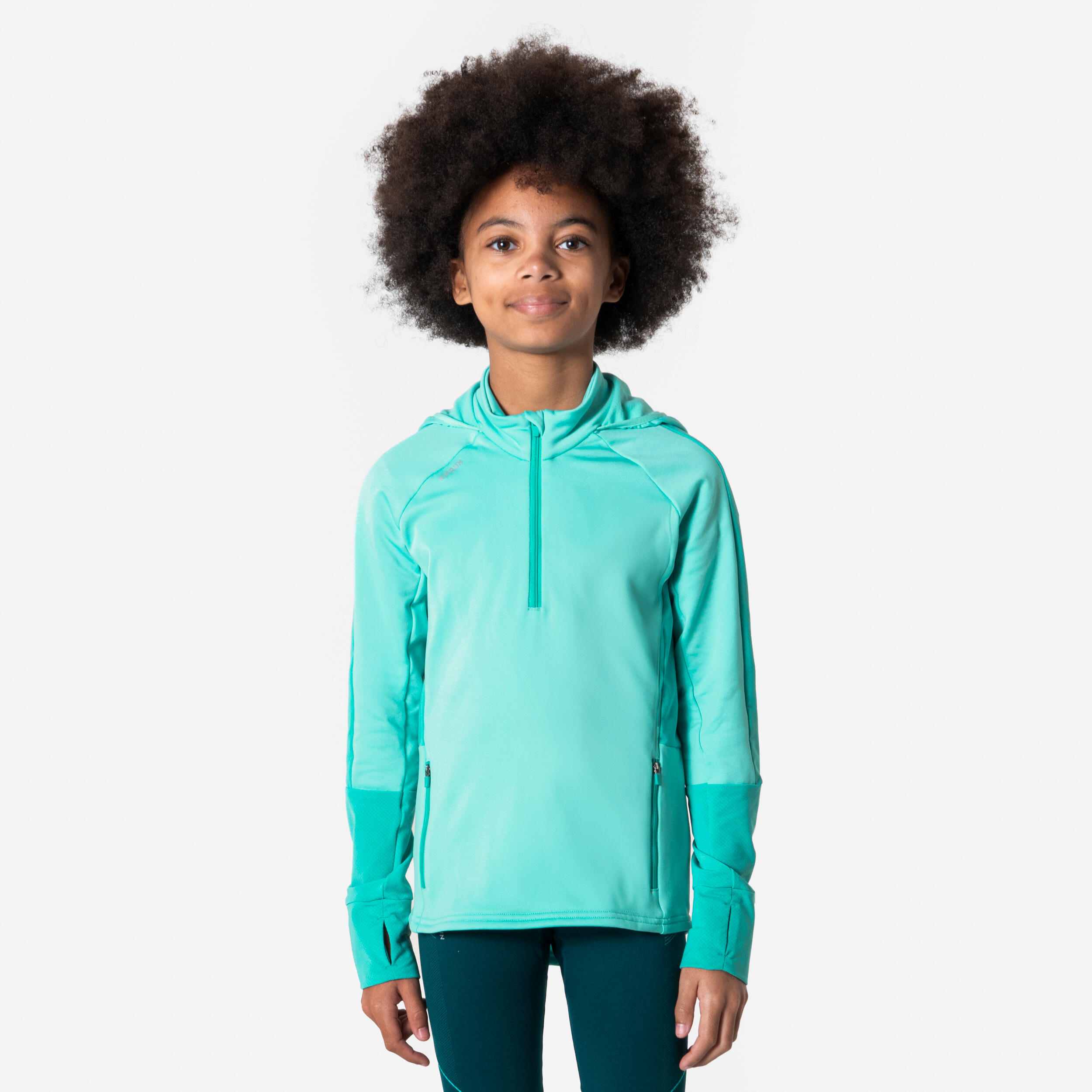 Camisola quente com fecho de correr menina-kiprun warm verde turquesa