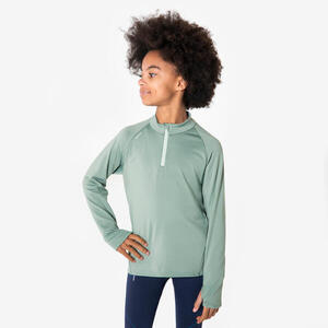 Camiseta manga larga running niños 1/2 cremallera cálida - KIPRUN Warm 100 verde