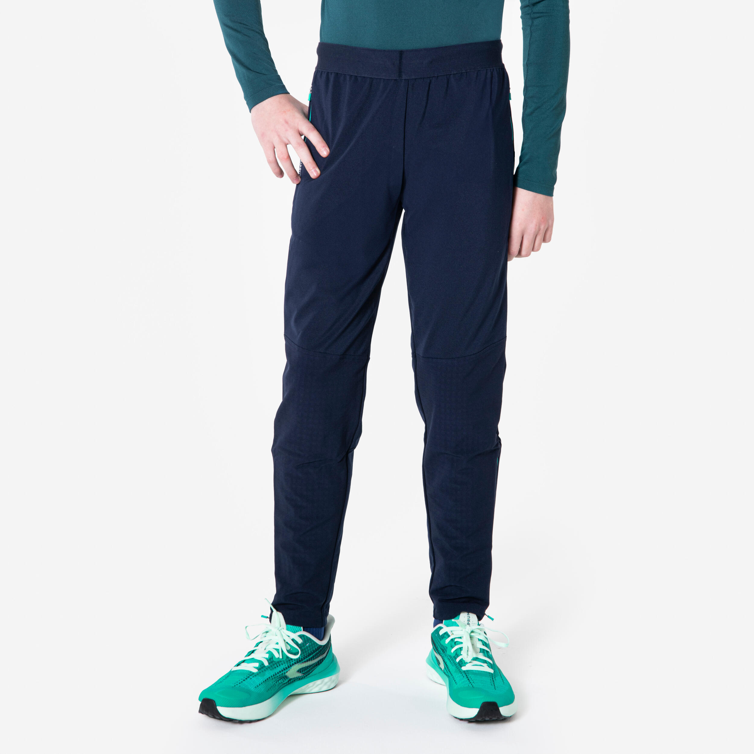 KIPRUN Laufhose lang Kinder warm mit Reißverschluss - 900 blau/grün