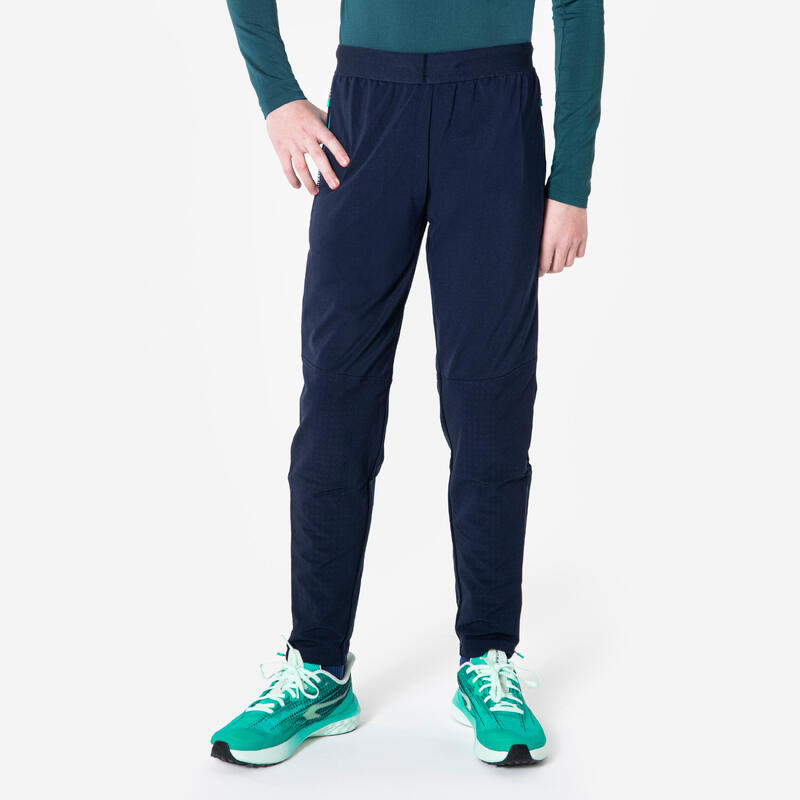 Pantalon călduros cu fermoar alergare KIPRUN PANTS WARM900 Bleumarin-Verde Copii