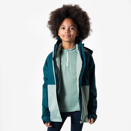 Veste running imperméable et chaude Enfant, KIPRUN JKT 3in1 bleu et vert