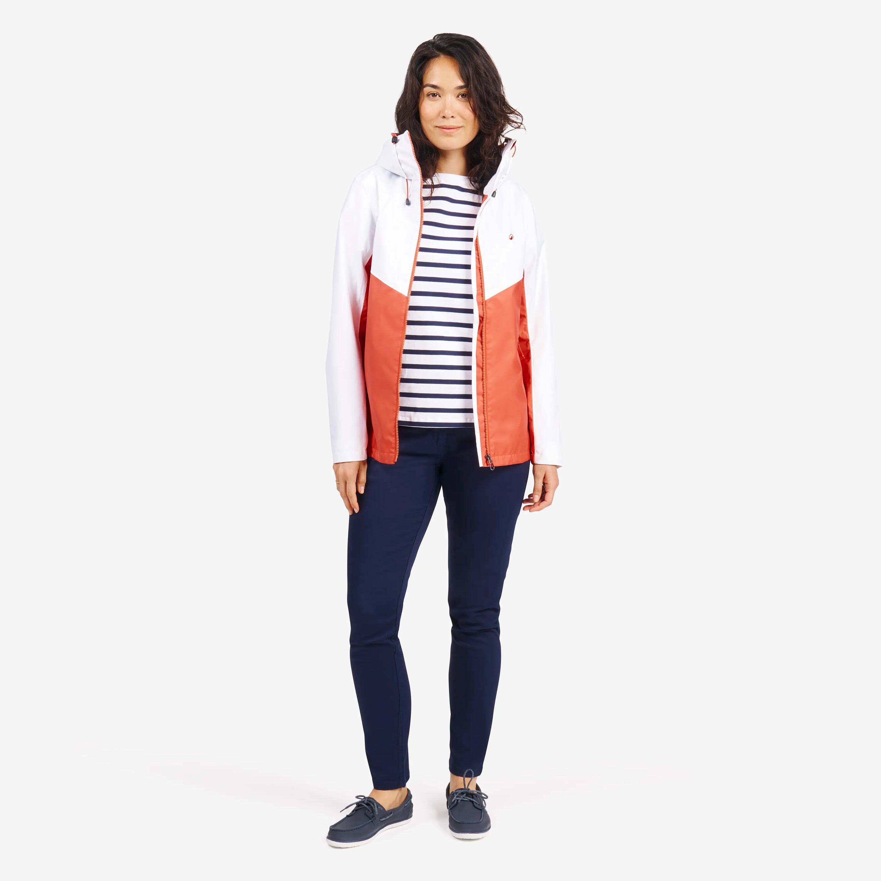 Chamarra de vela impermeable blanco con naranja para mujer Sailing 100 9/21