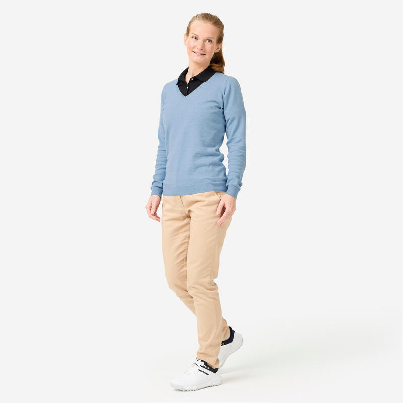 Pulover de golf 100% bumbac guler V MW100 Albastru Damă