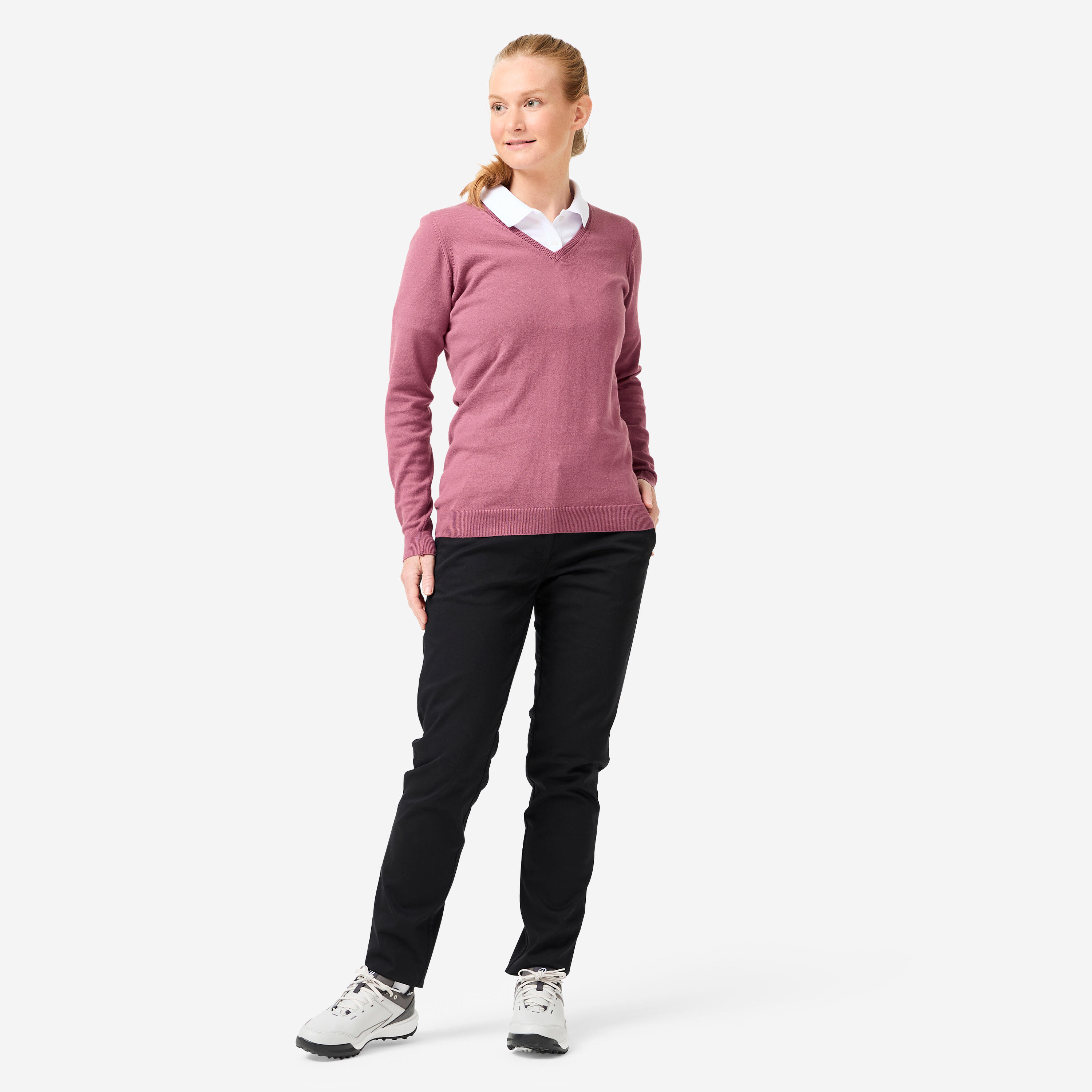 Pull de golf 100% coton col V femme, MW100 violet grisé 2/7