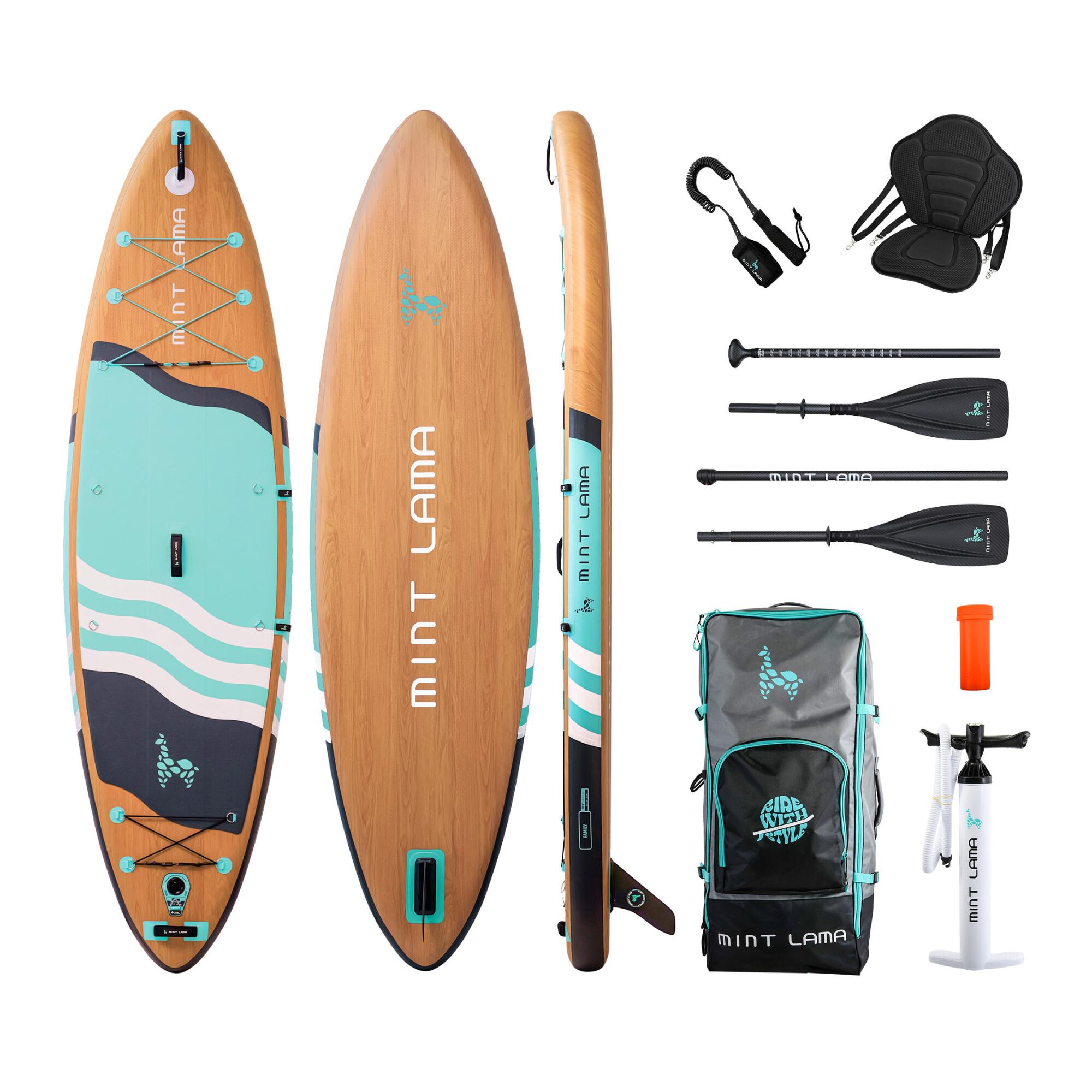 MINT LAMA INFLATABLE TOURING STAND UP PADDLE BOARD PACK MINT LAMA FAMILY 10’6” WOOD/MINT