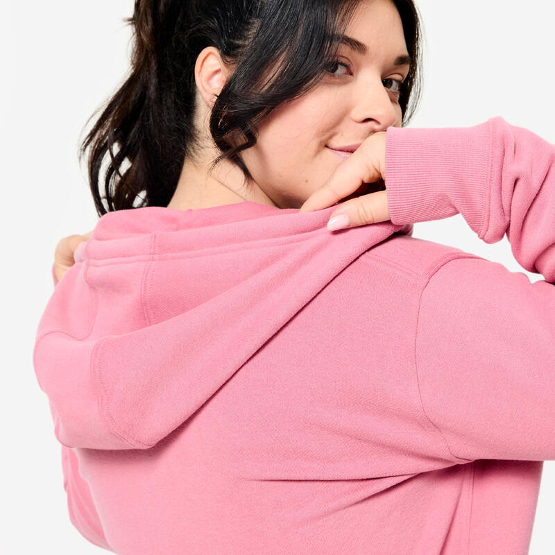 Sweat zippé fitness en molleton femme, vieux rose