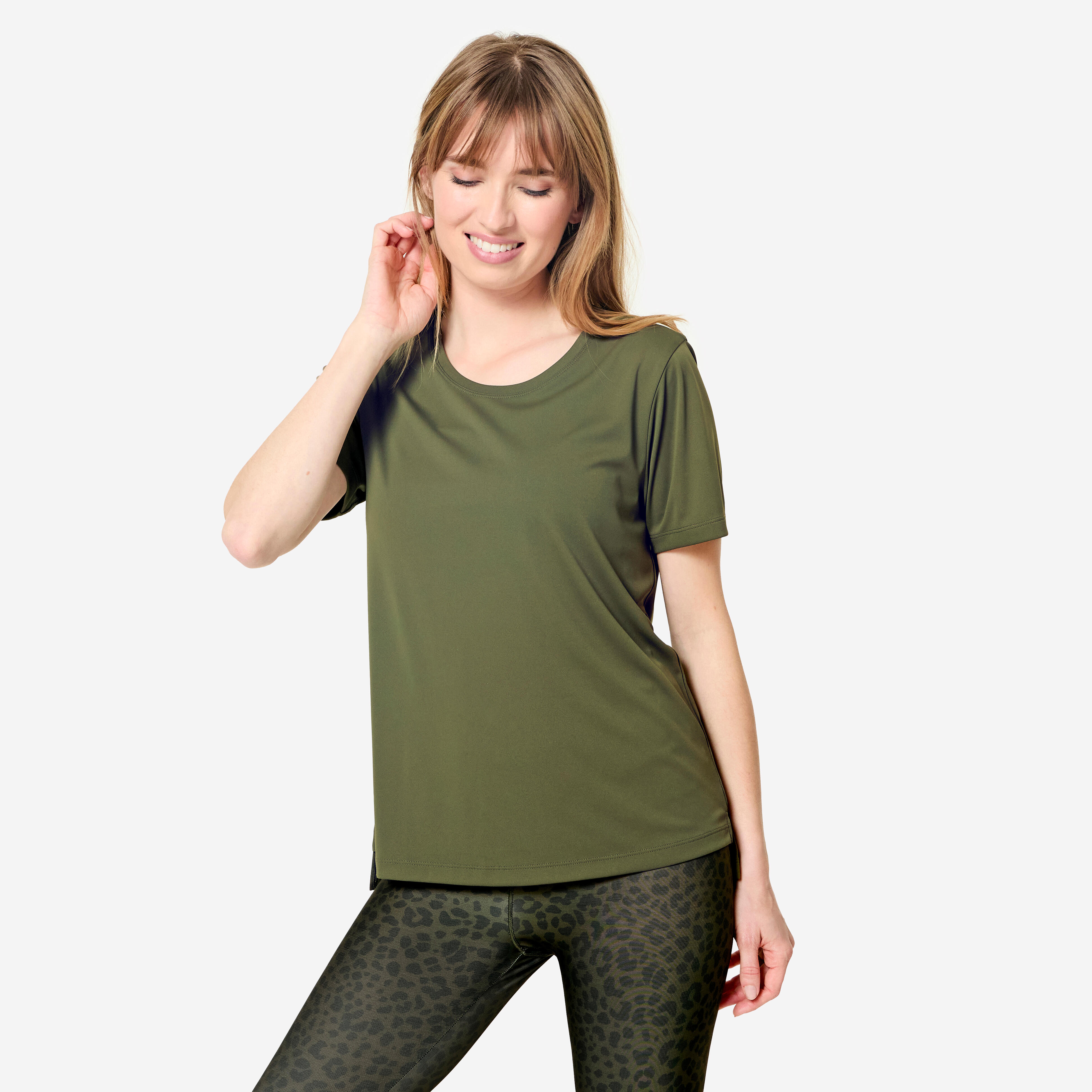 domyos Women's Short-Sleeved Fitness T-Shirt - Khaki Green-picture-14