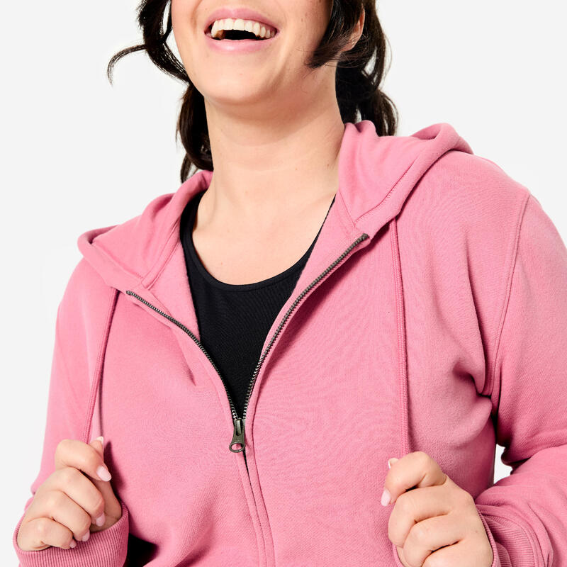 Sweat zippé fitness en molleton femme, vieux rose