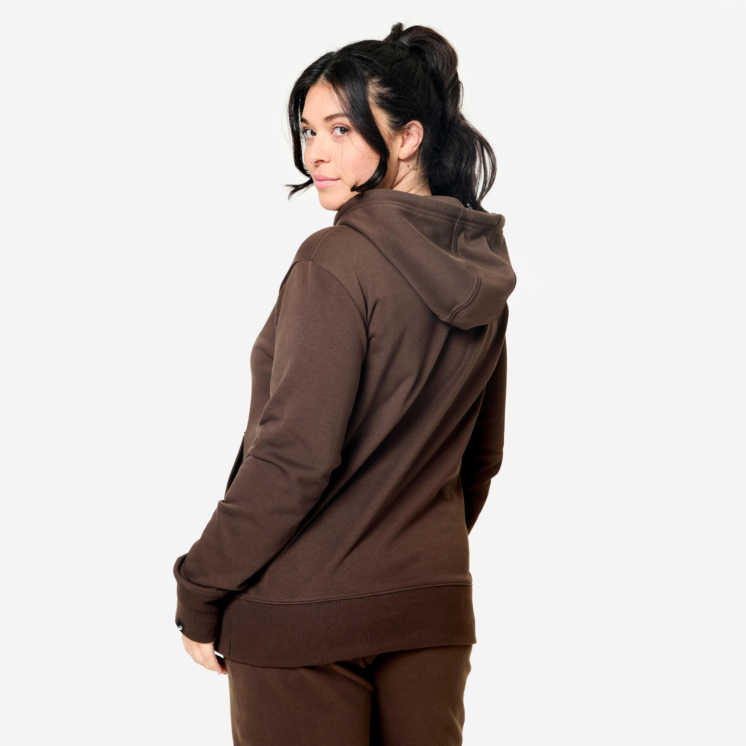 Felpa donna palestra con cappuccio pesante marrone 3/7