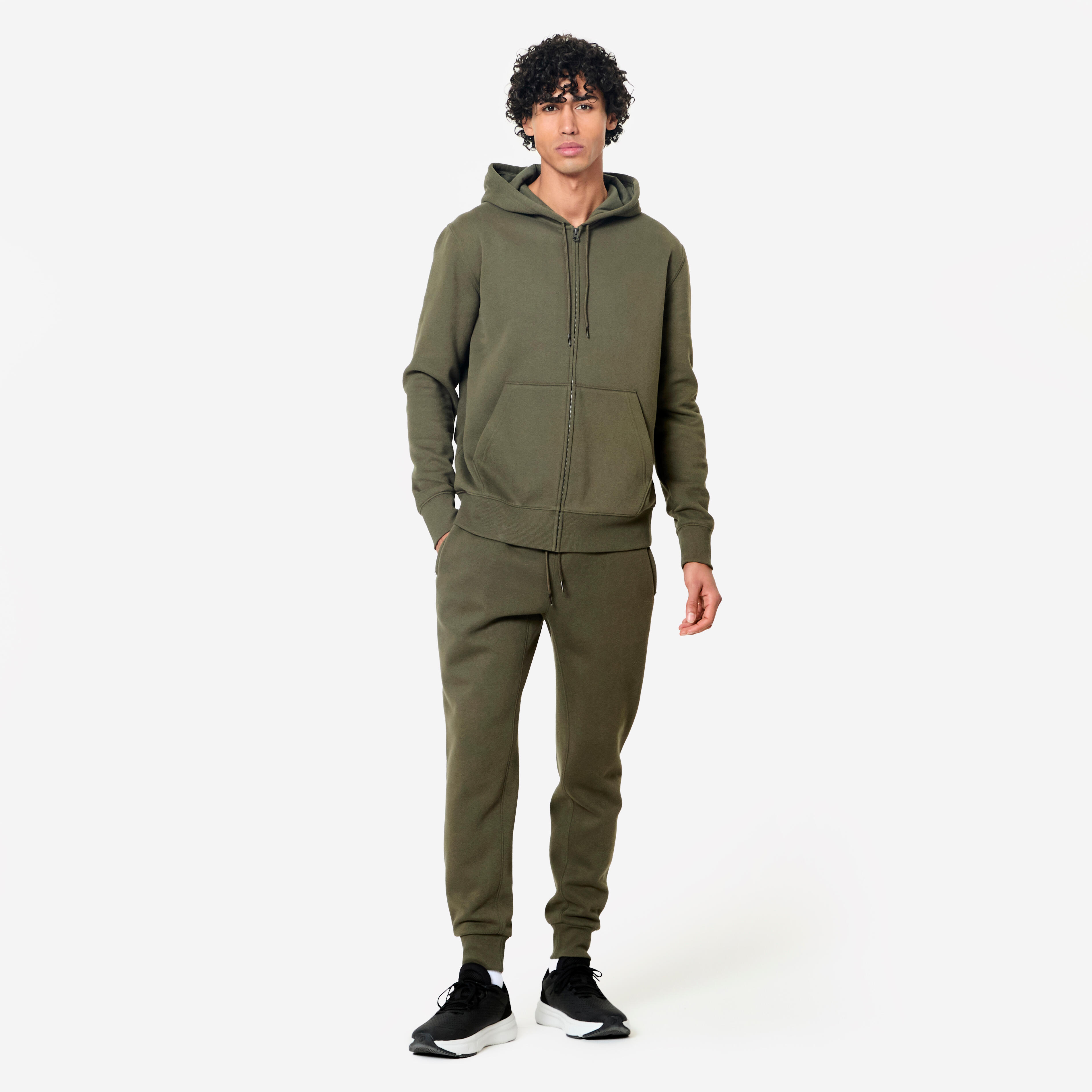 Men Fleece Hoodie, Full Zipped - Khaki Green