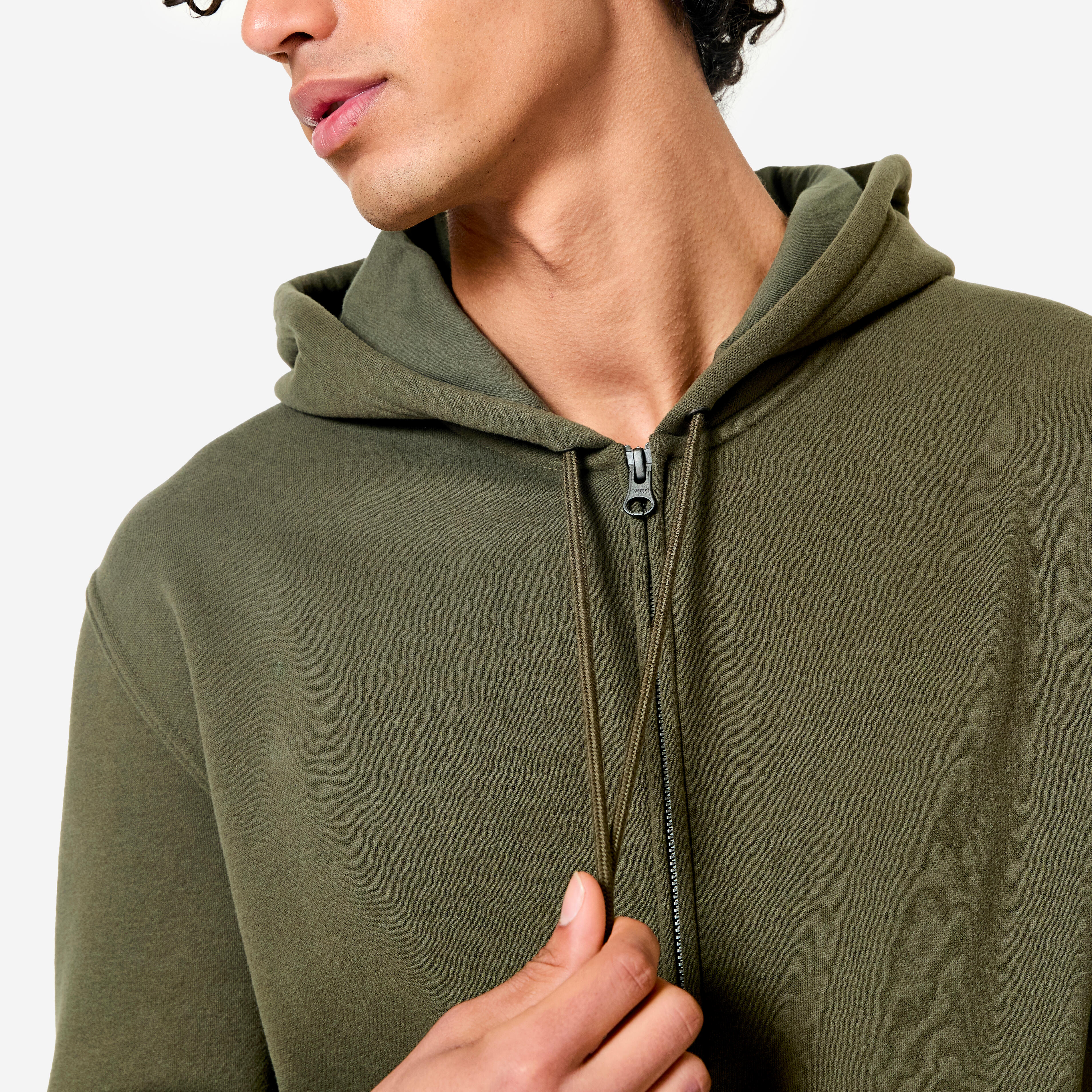 Men Fleece Hoodie, Full Zipped - Khaki Green