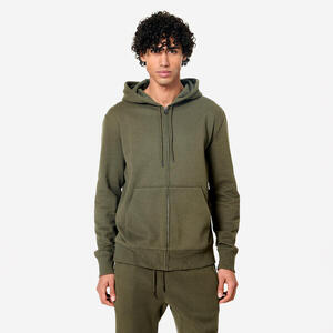 Sudadera Fitness Hombre Verde Caqui Cremallera Capucha Muletón