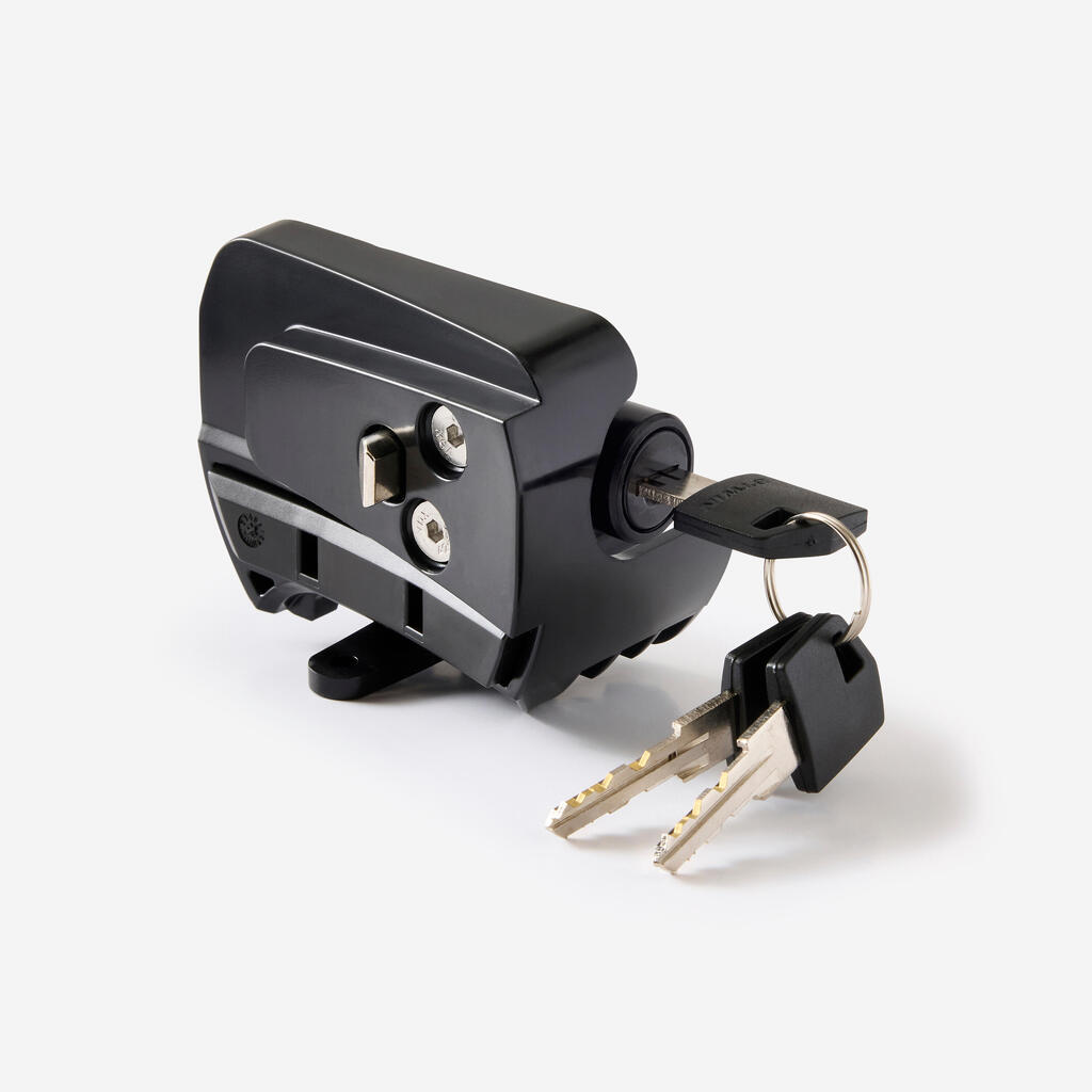 Battery mount in upper frame with cylinder and key