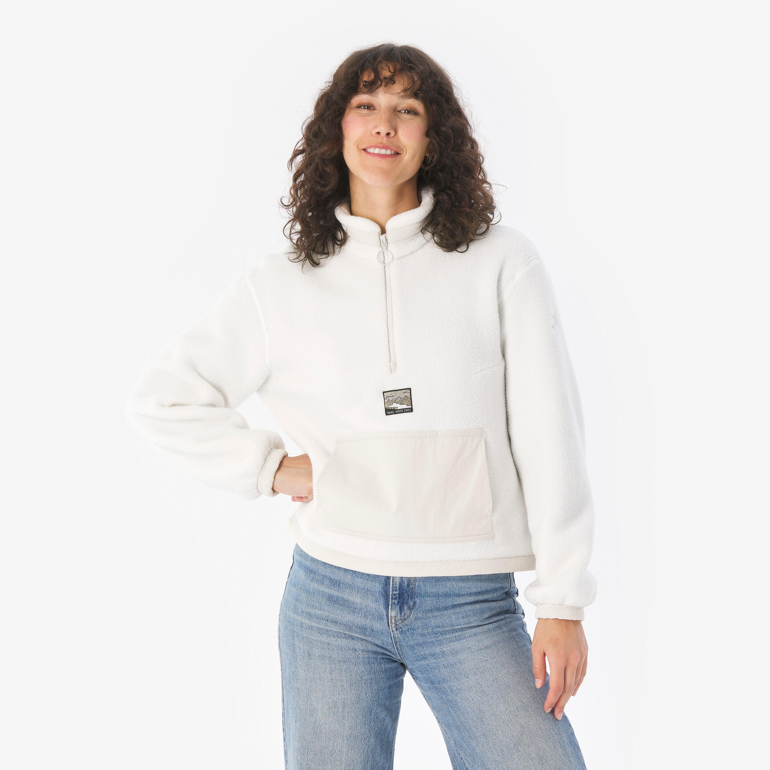 QUECHUA Dámska turistická mikina MH100 sherpa 1/2 zips béžová XS