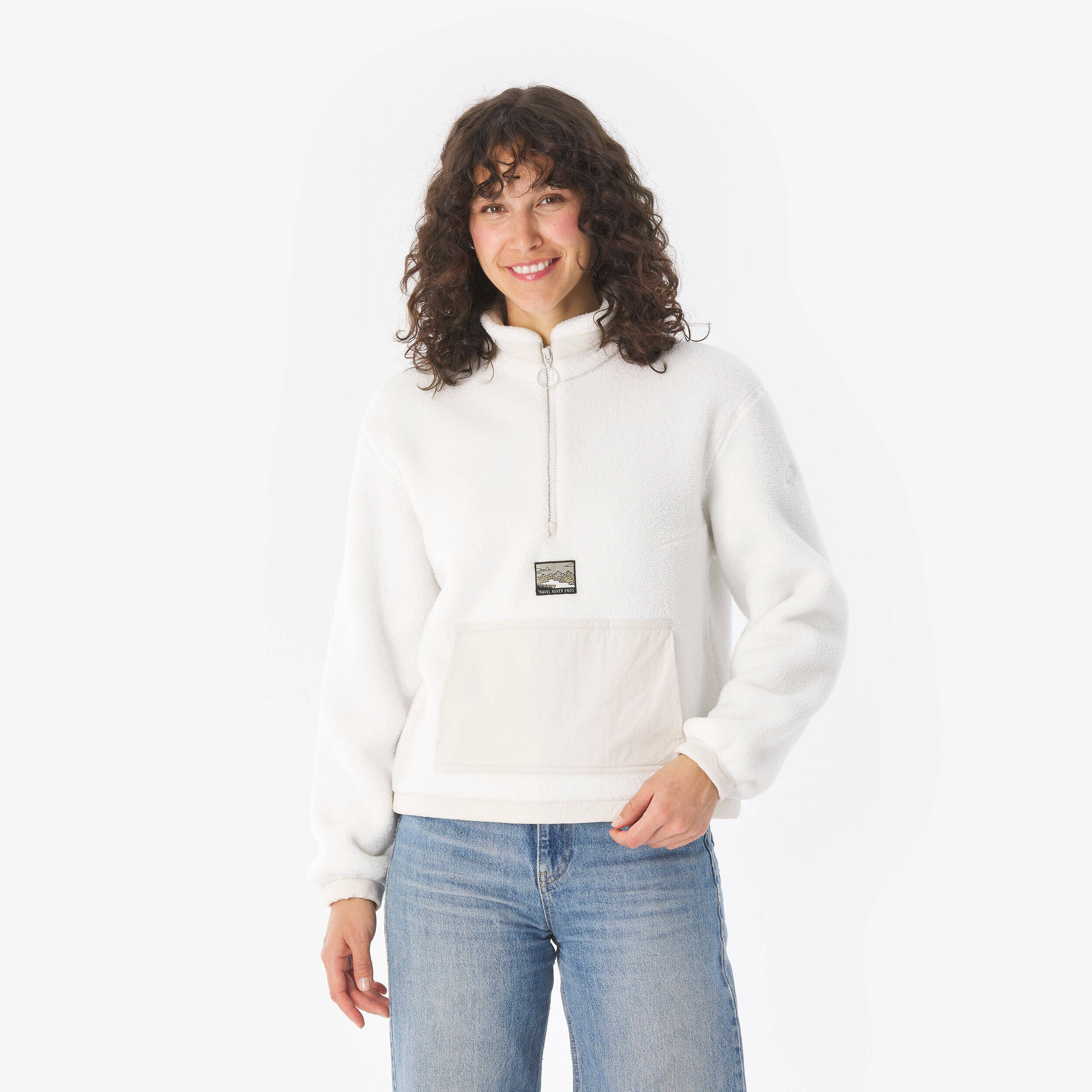 Women's Sherpa Mountain Hiking Fleece MH100 1/2 Zip - Beige -  1
