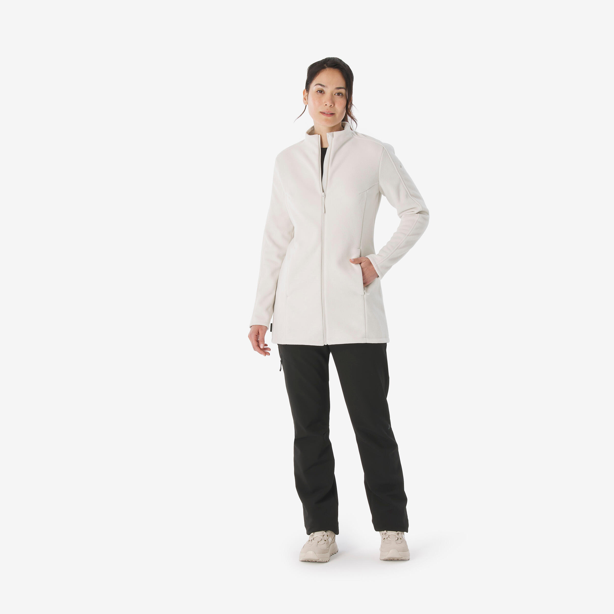 Women’s long mountain hiking fleece jacket, MH500 Full Zip - White