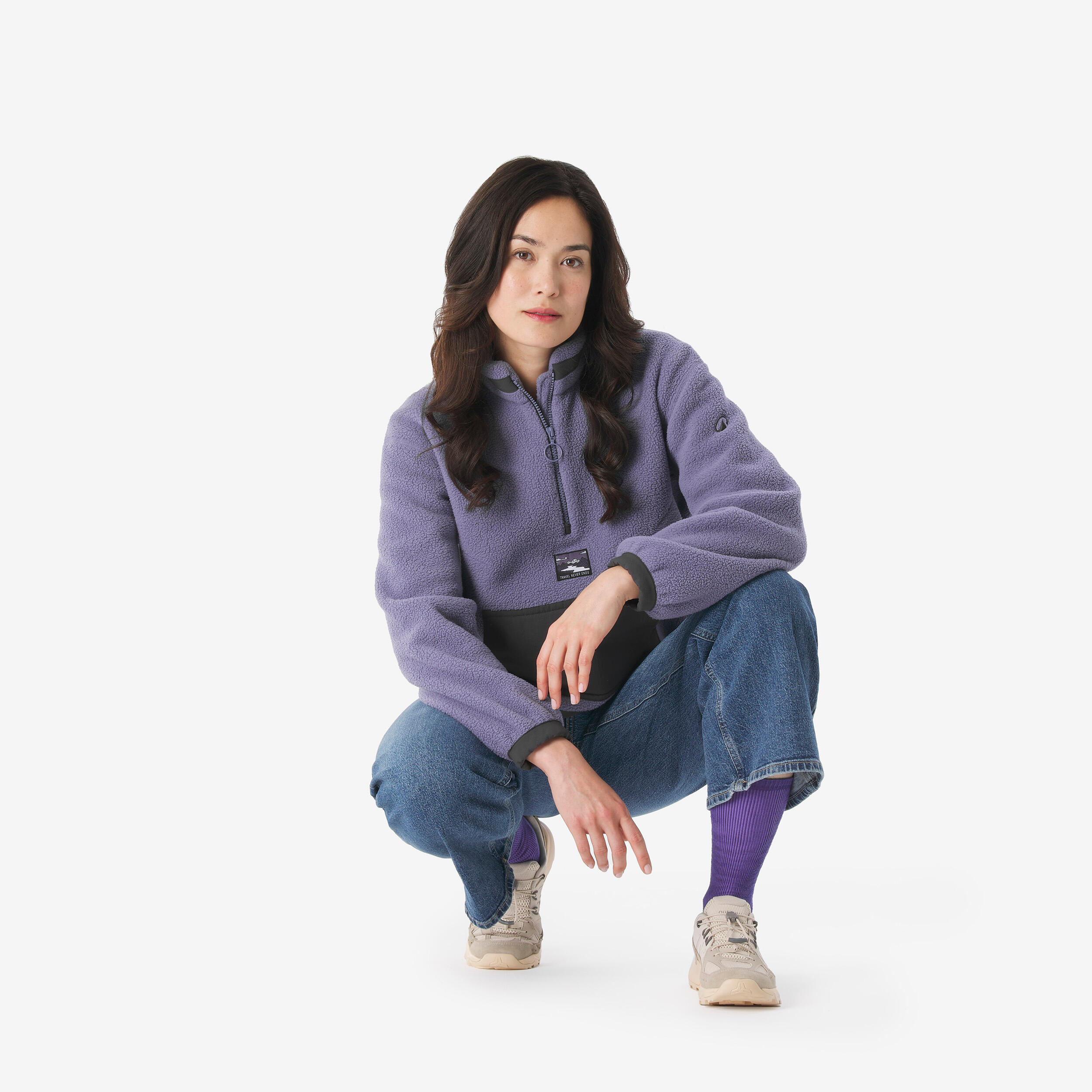 Chandail de randonnée en polaire moutonné à demi-zip femme, MH 100 8/14