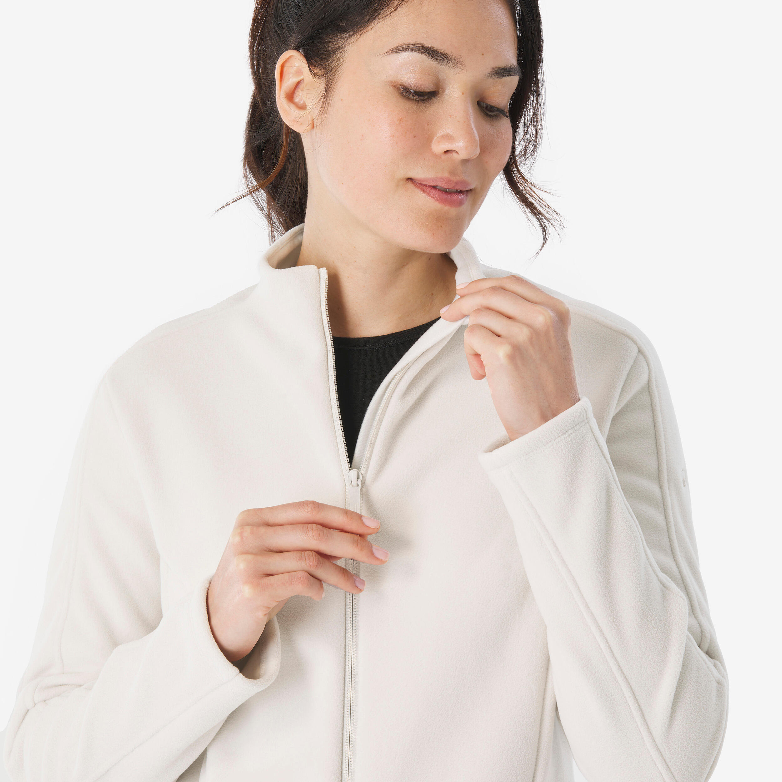 Women’s long mountain hiking fleece jacket, MH500 Full Zip - White