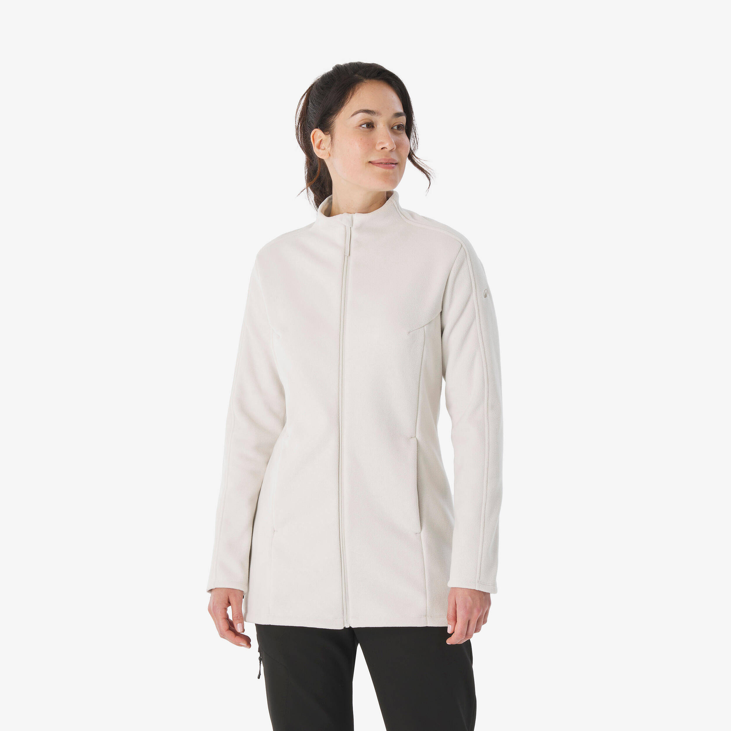 Women’s long mountain hiking fleece jacket, MH500 Full Zip - White