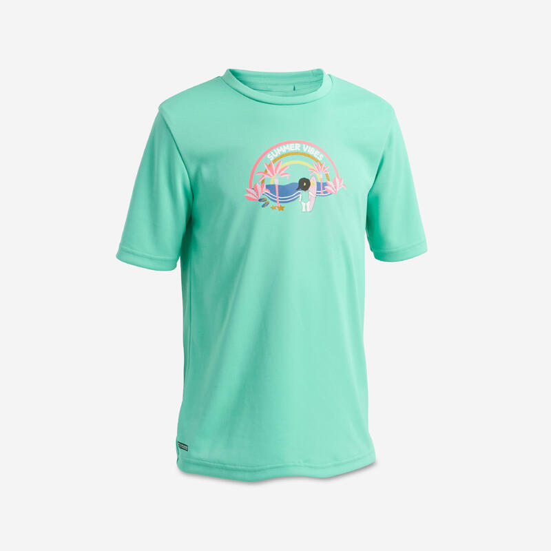 Tricou anti-UV surf 100 UPF50+, UV>95% Turcoaz Copii