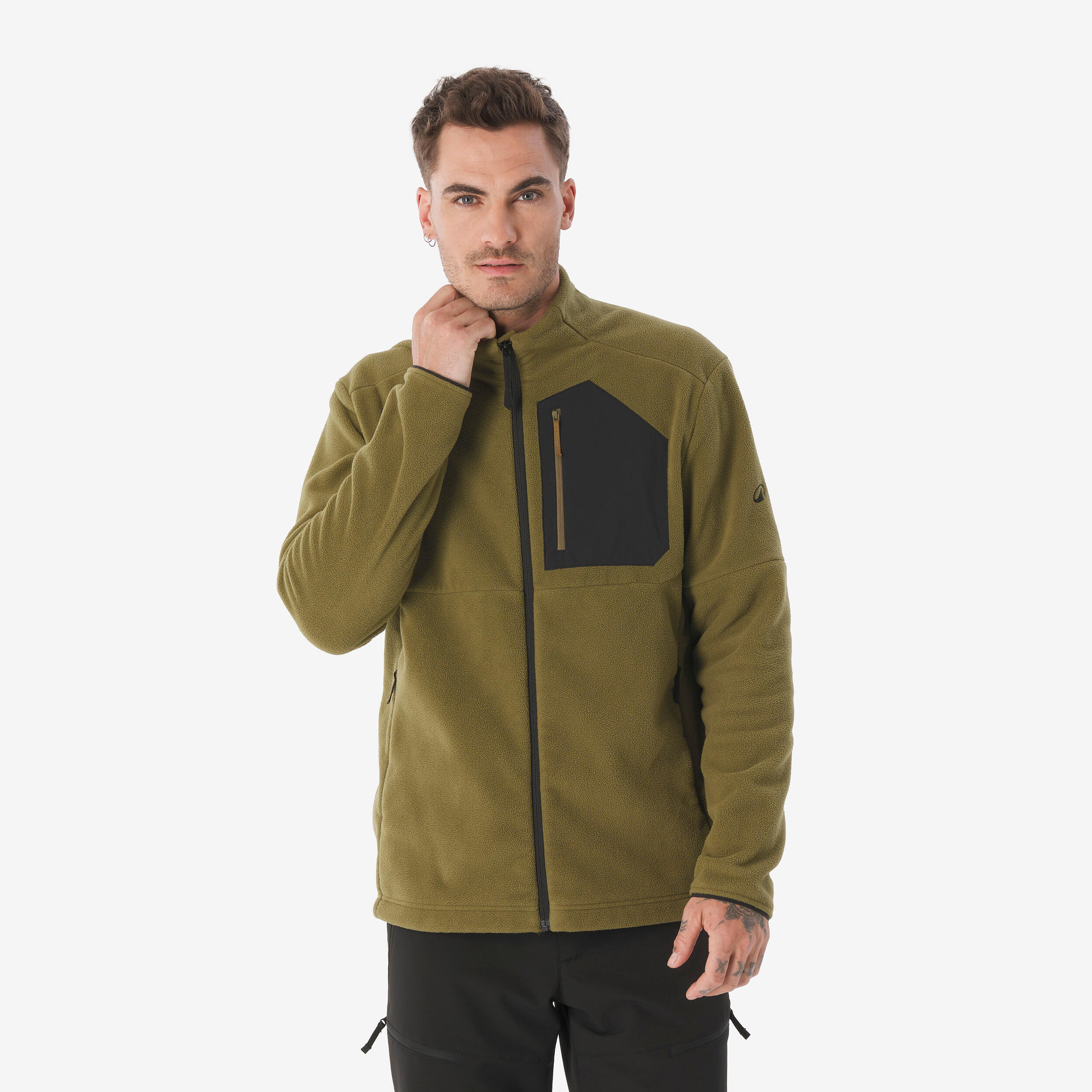 Men’s mountain hiking fleece jacket, MH500 Full Zip Pocket - Khaki