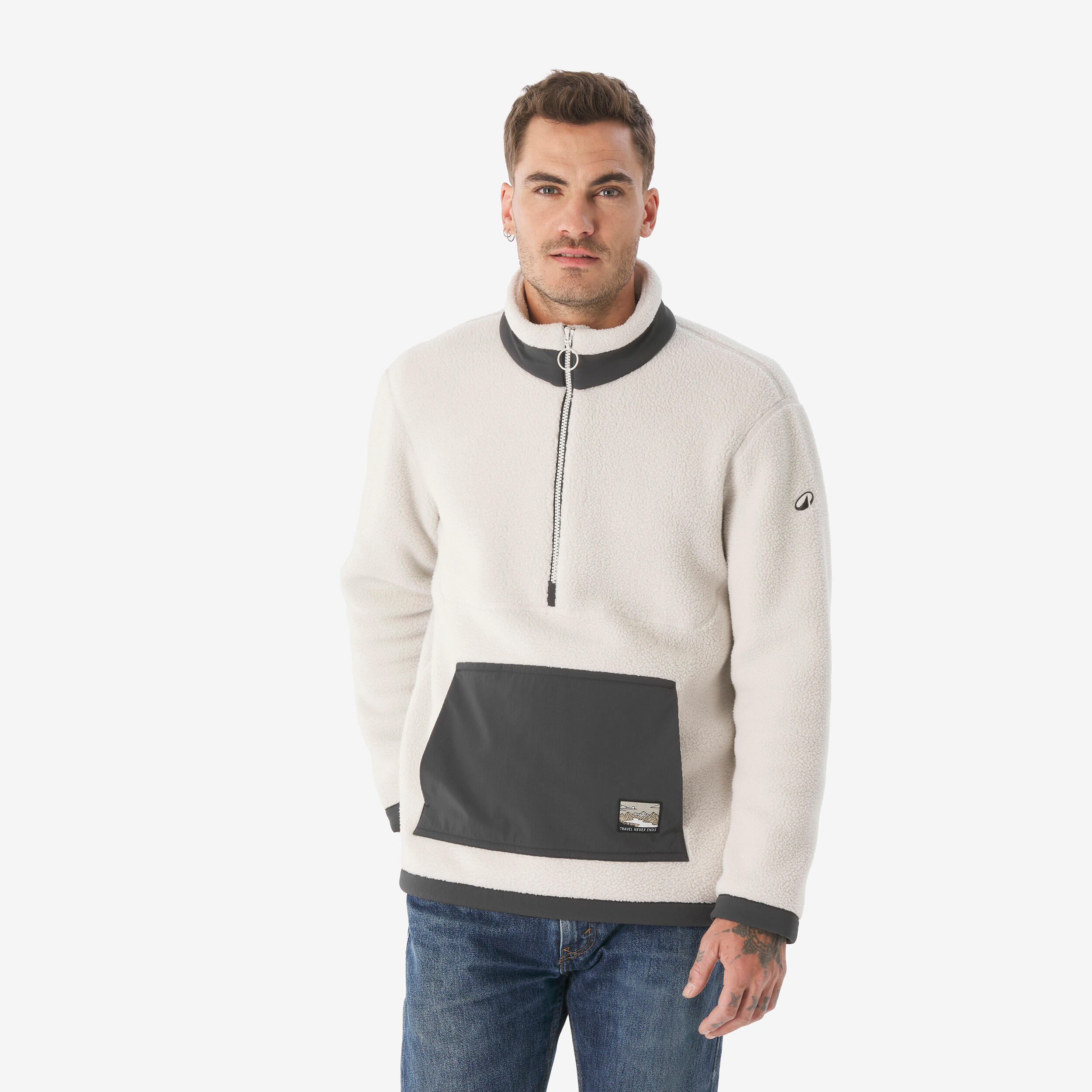 Men’s Sherpa-style mountain hiking fleece jacket, MH100 Half Zip - Beige image