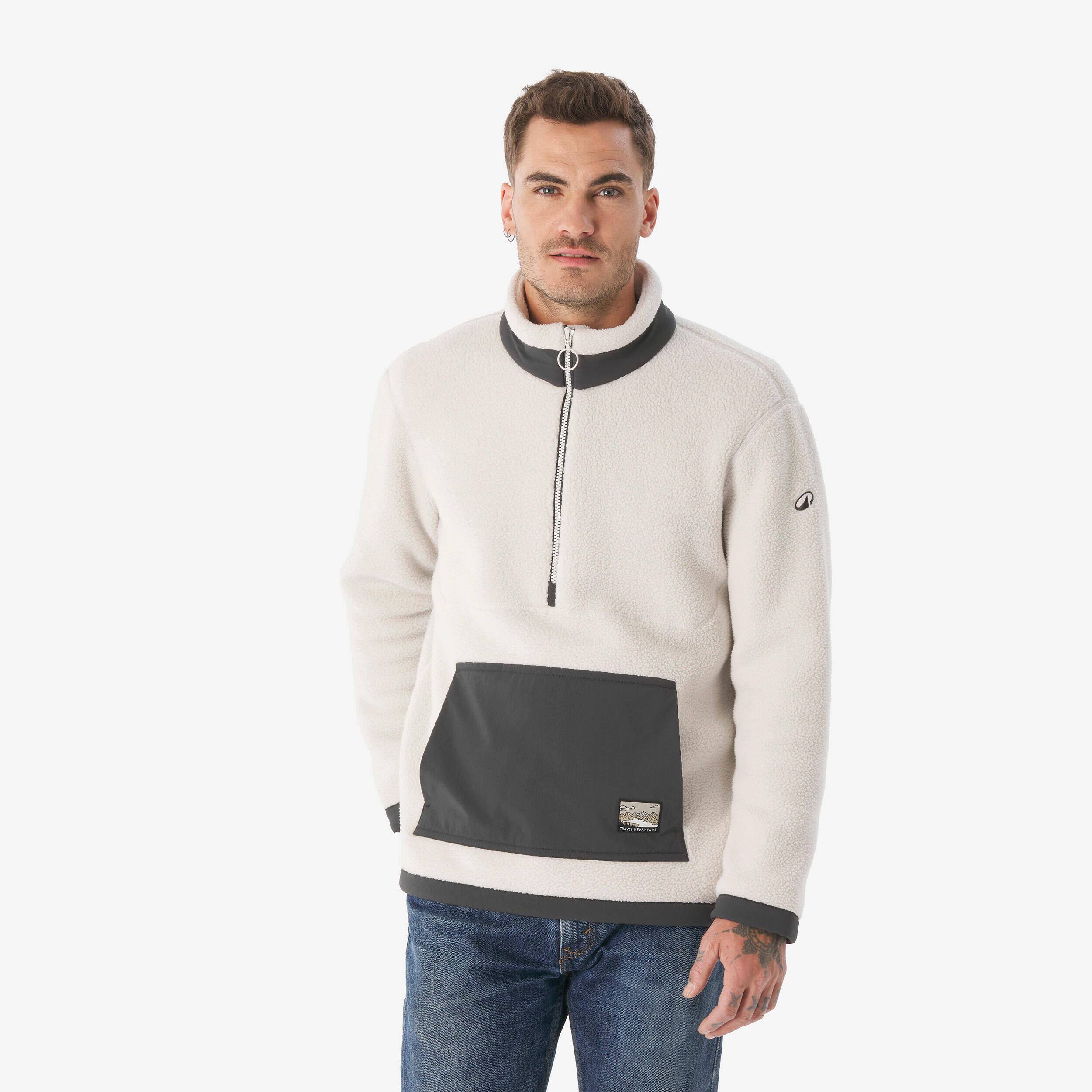 Men’s Sherpa-style mountain hiking fleece jacket, MH100 Half Zip - Beige -  1