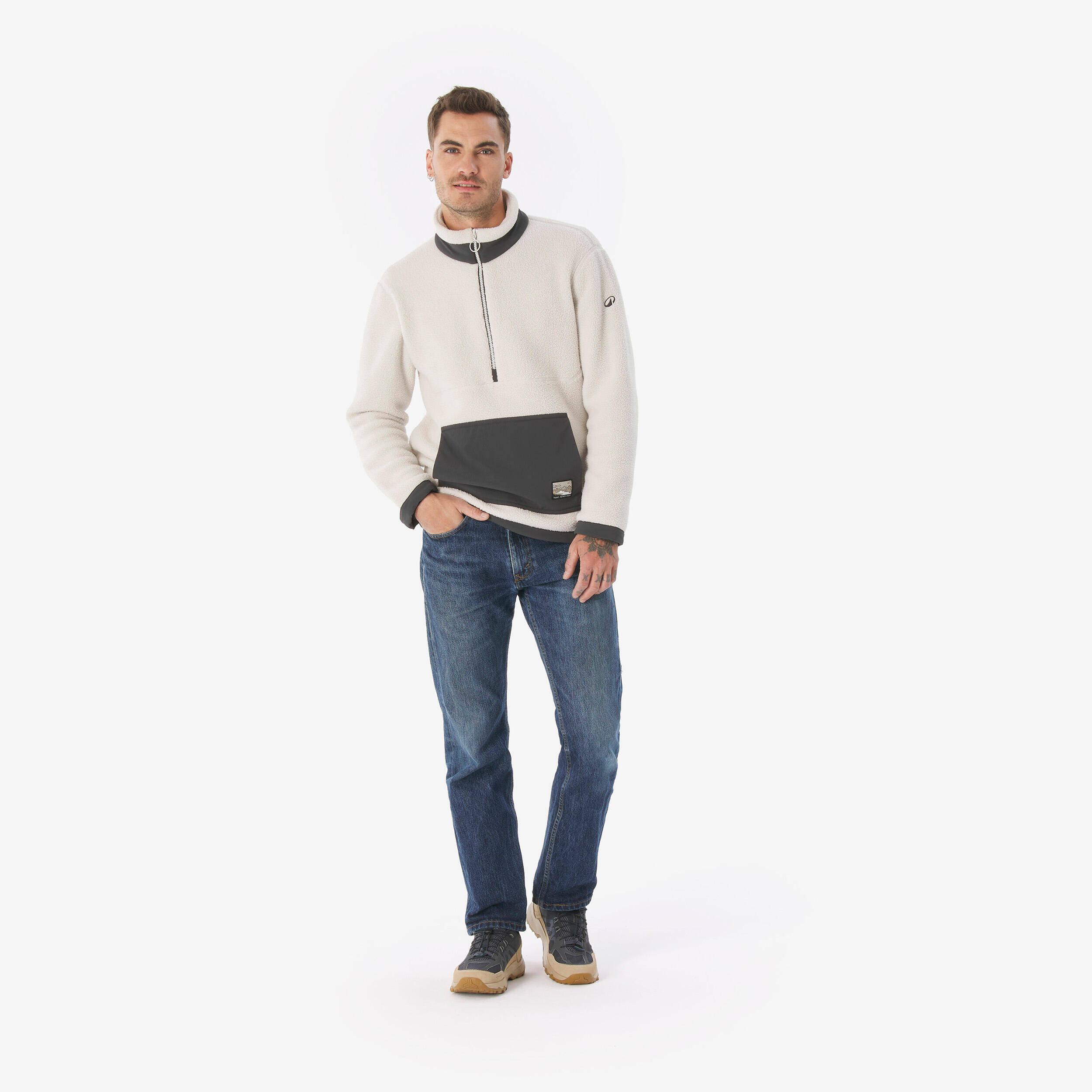 Men’s Sherpa-style mountain hiking fleece jacket, MH100 Half Zip - Beige -  3