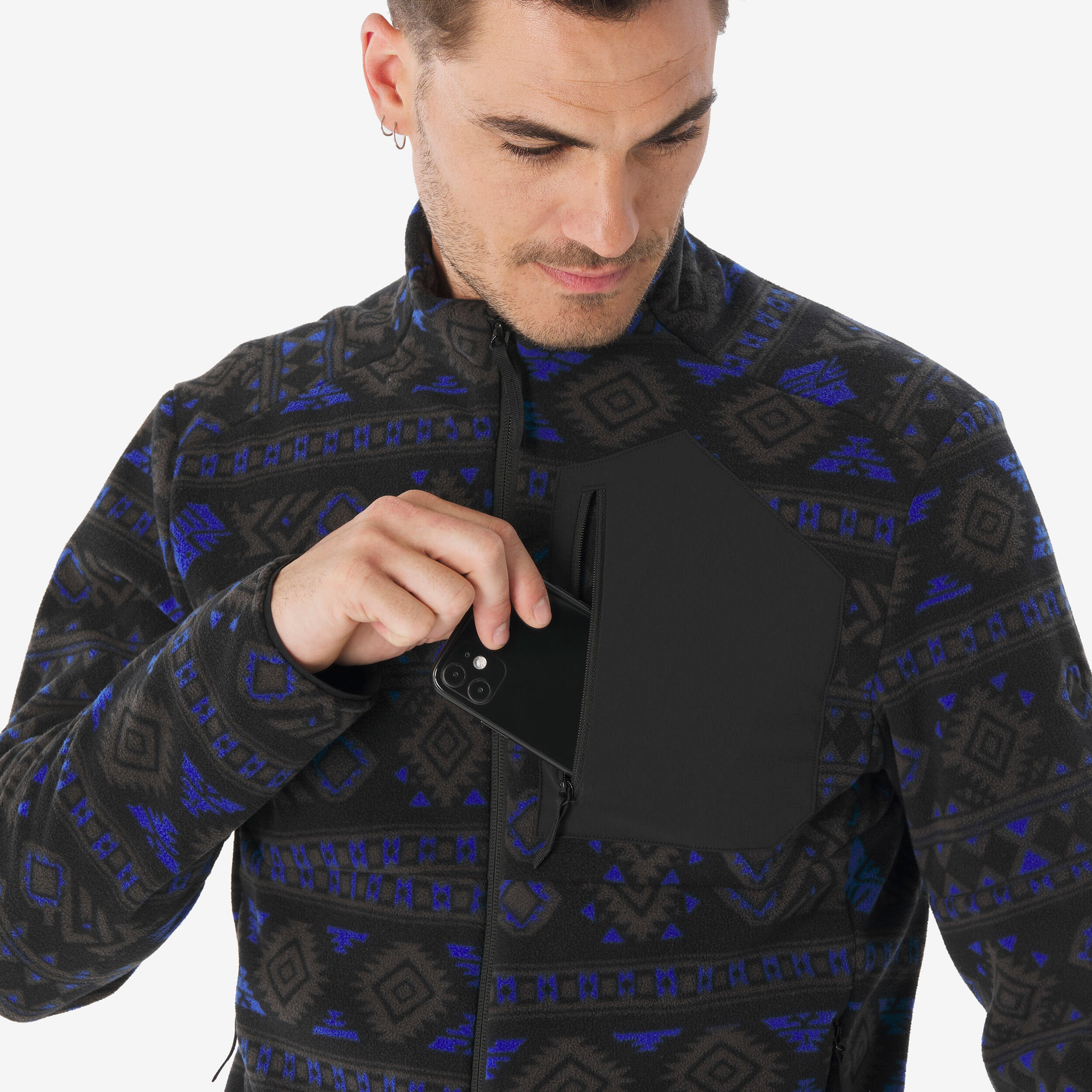 Men’s mountain hiking fleece jacket, MH500 Full Zip Pocket - Blue