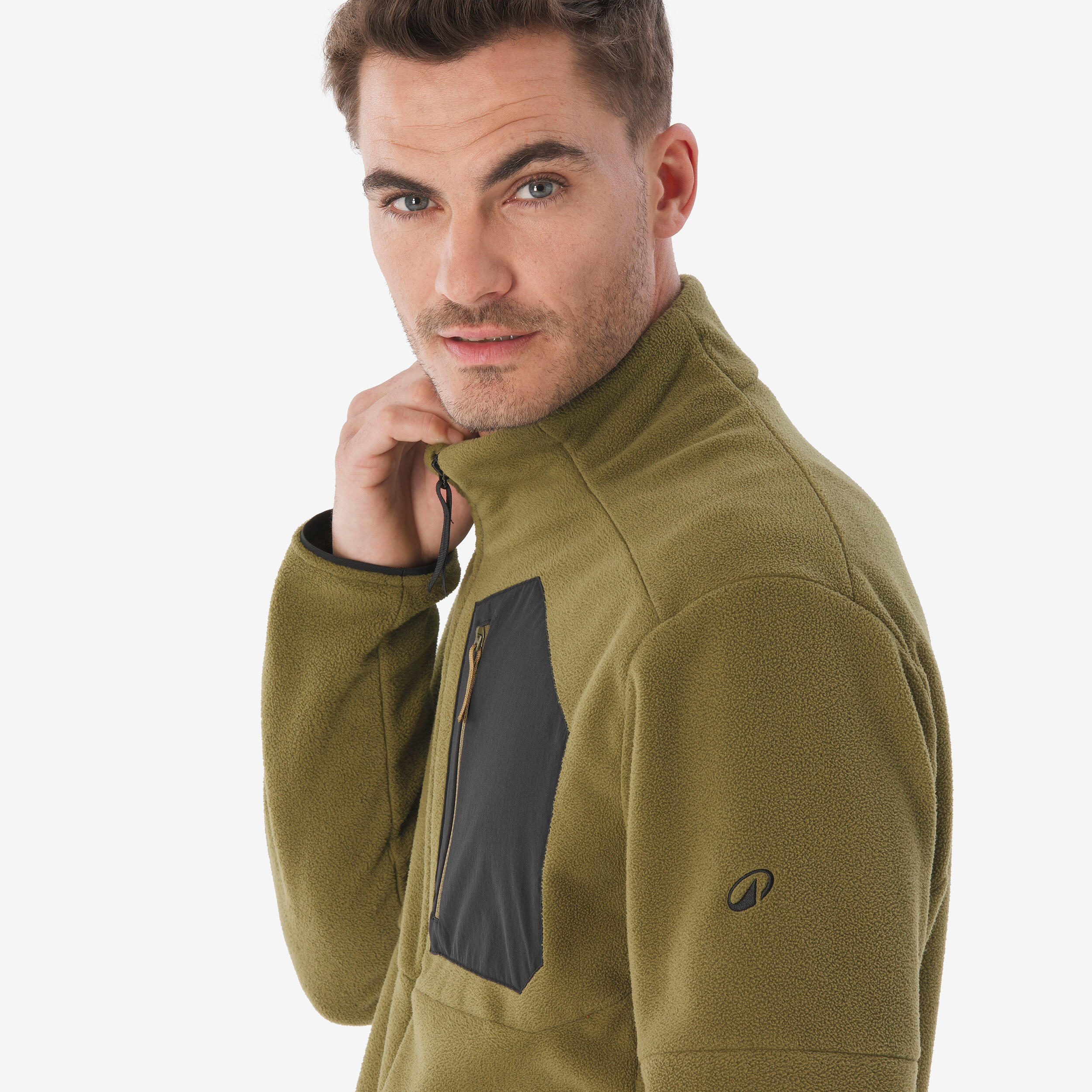 Men’s mountain hiking fleece jacket, MH500 Full Zip Pocket - Khaki