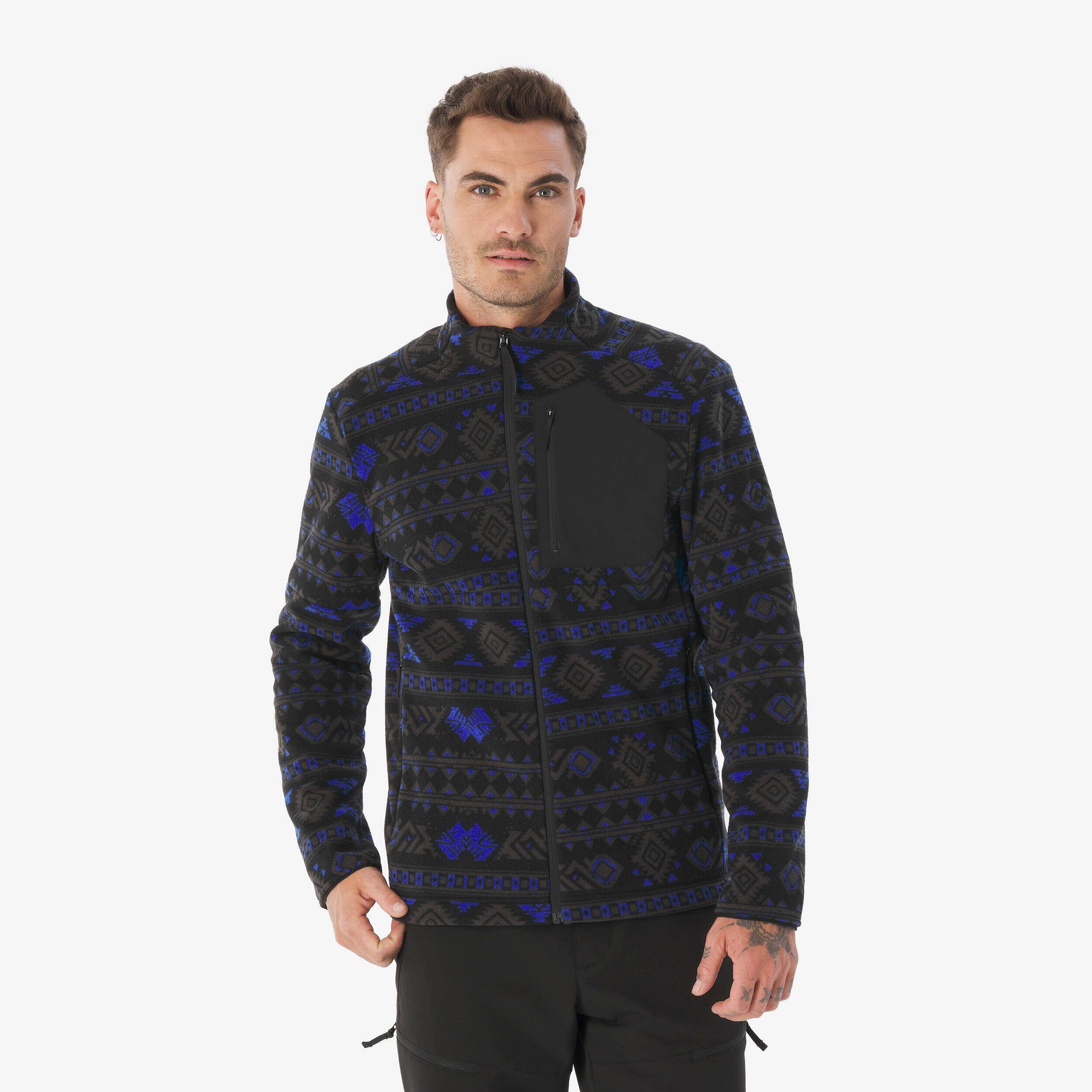 Men’s mountain hiking fleece jacket, MH500 Full Zip Pocket - Blue -  1