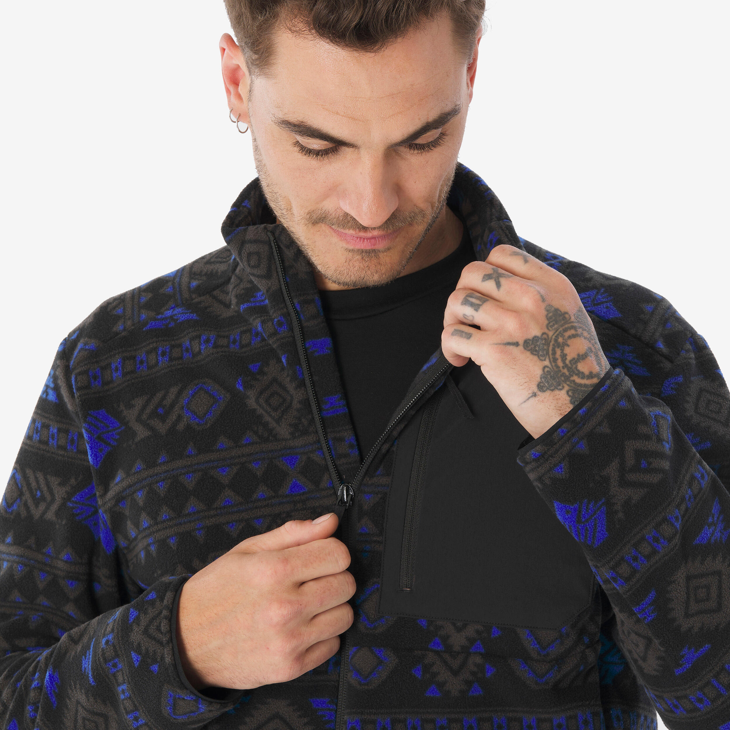 Men’s mountain hiking fleece jacket, MH500 Full Zip Pocket - Blue