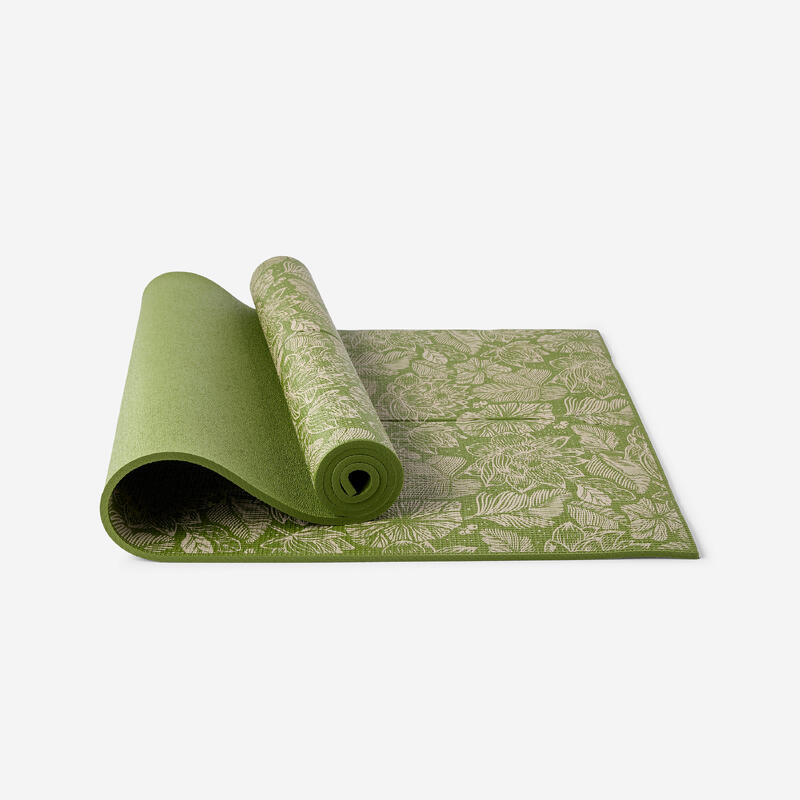 Tapis de yoga doux adhérence et confort 8 mm, imprimé vert et beige