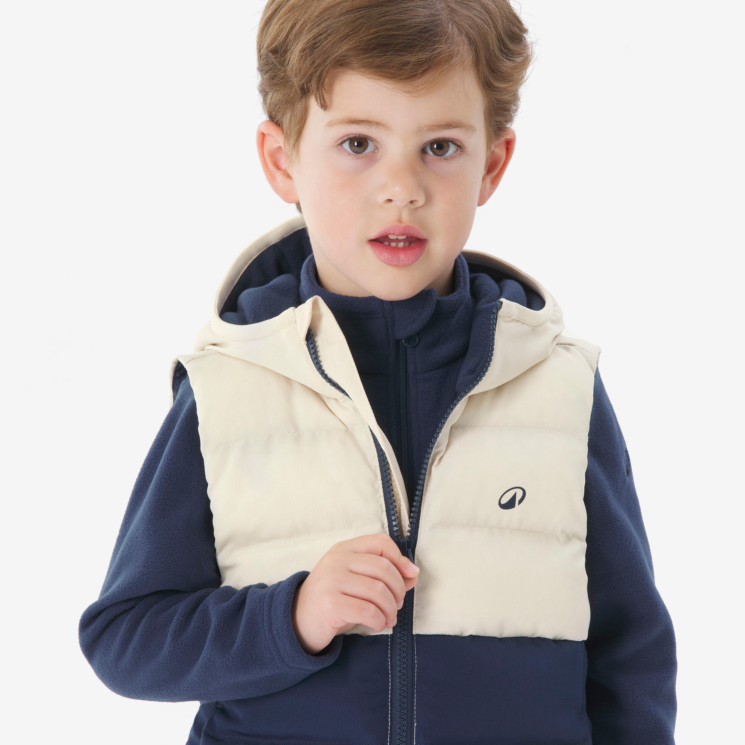 Kids’ padded sleeveless hiking jacket, 2-6 years NH500 - Blue/Beige