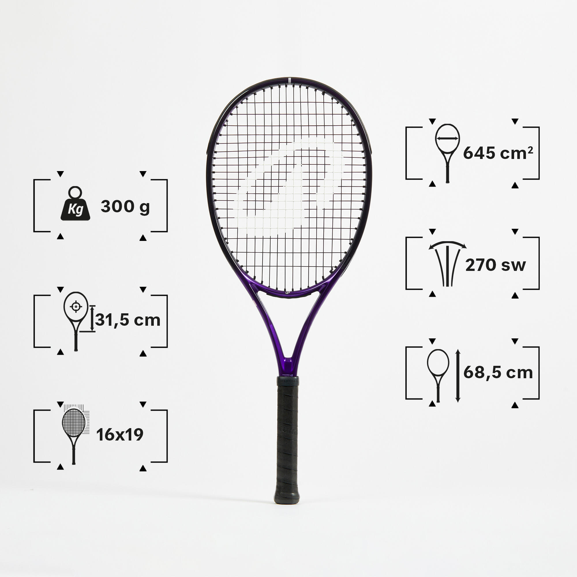 Raquette de tennis adulte - KUIKMA CONTROL Pro 300 Violet Noir 2/8